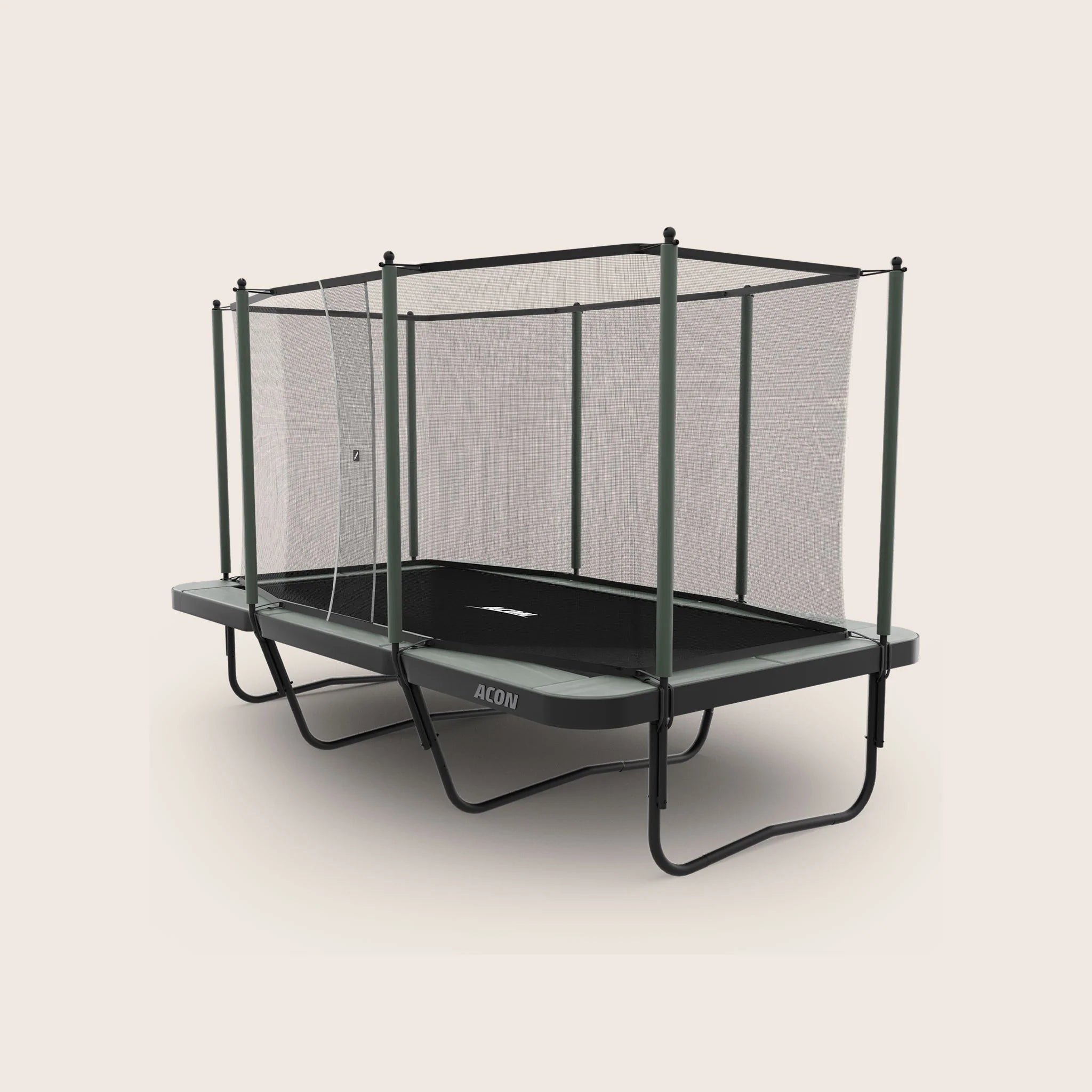 Acon Air 16 Sport HD Trampolin mit Netz vor beigem Hintergrund. Die Trampolinmatte, der Rahmen und das Sicherheitsnetz sind schwarz und die Polsterung für Federn und Stangen grün
