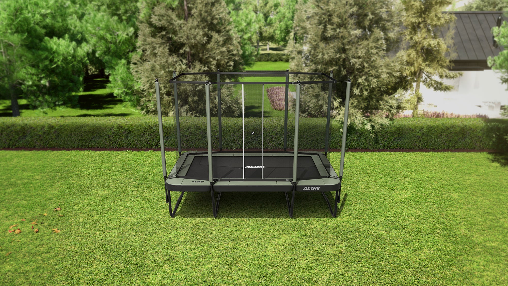 Acon 13 Sport HD Trampolin in einer Hinterhoflandschaft.