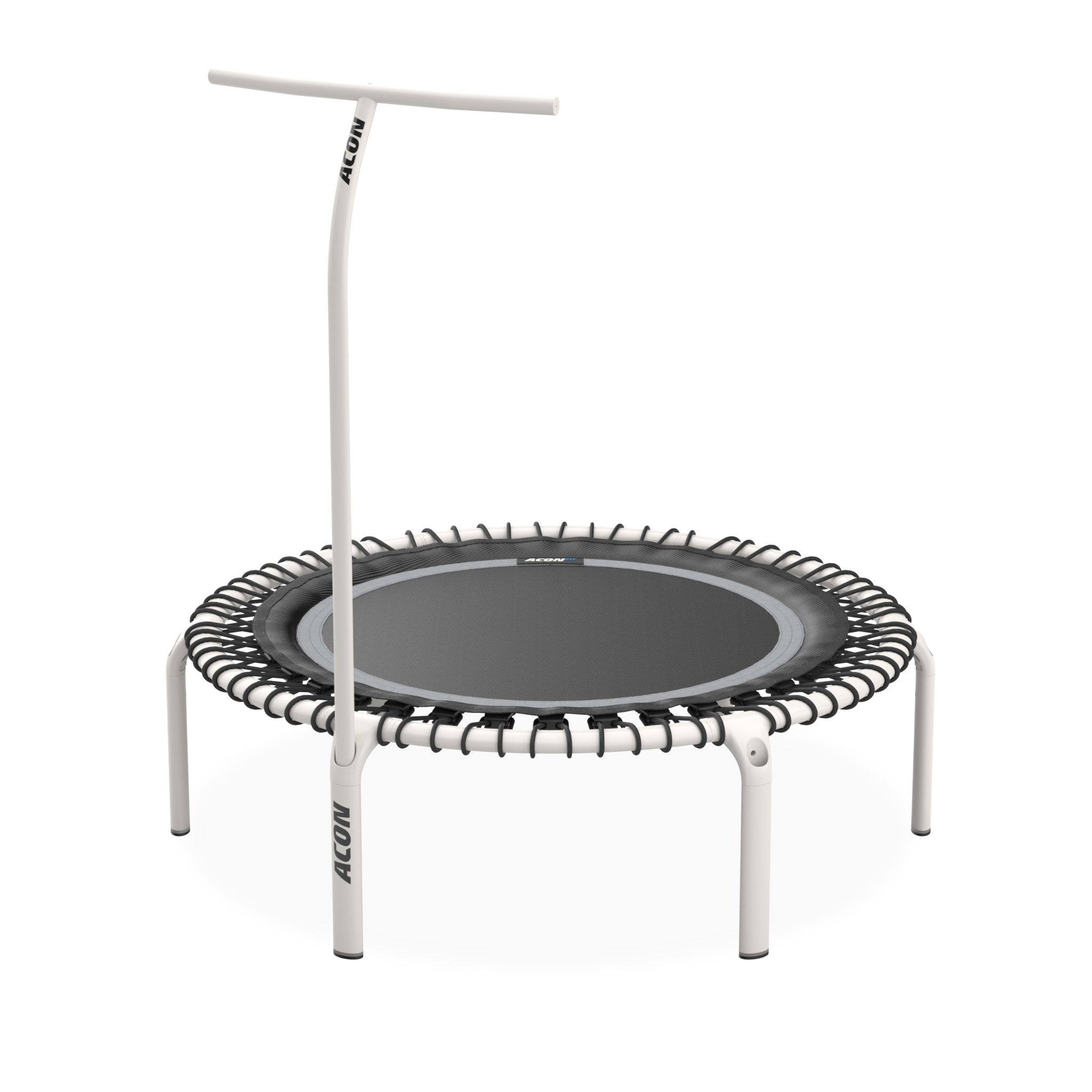 Weißes rundes ACON FIT 1,12m-Trampolin mit Griffstangen auf weißem Hintergrund.