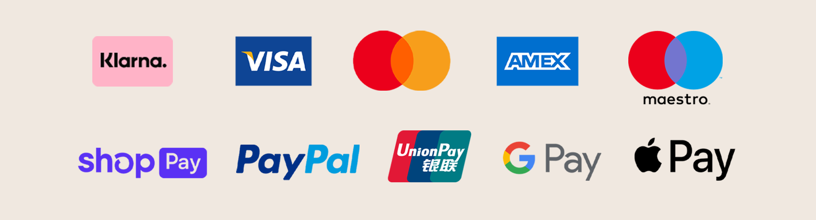 Logos verschiedener Zahlungsmethoden: Klarna, Visa, Mastercard, AMEX, Maestro, Shop Pay, PayPal, UnionPay, Google Pay und Apple Pay.