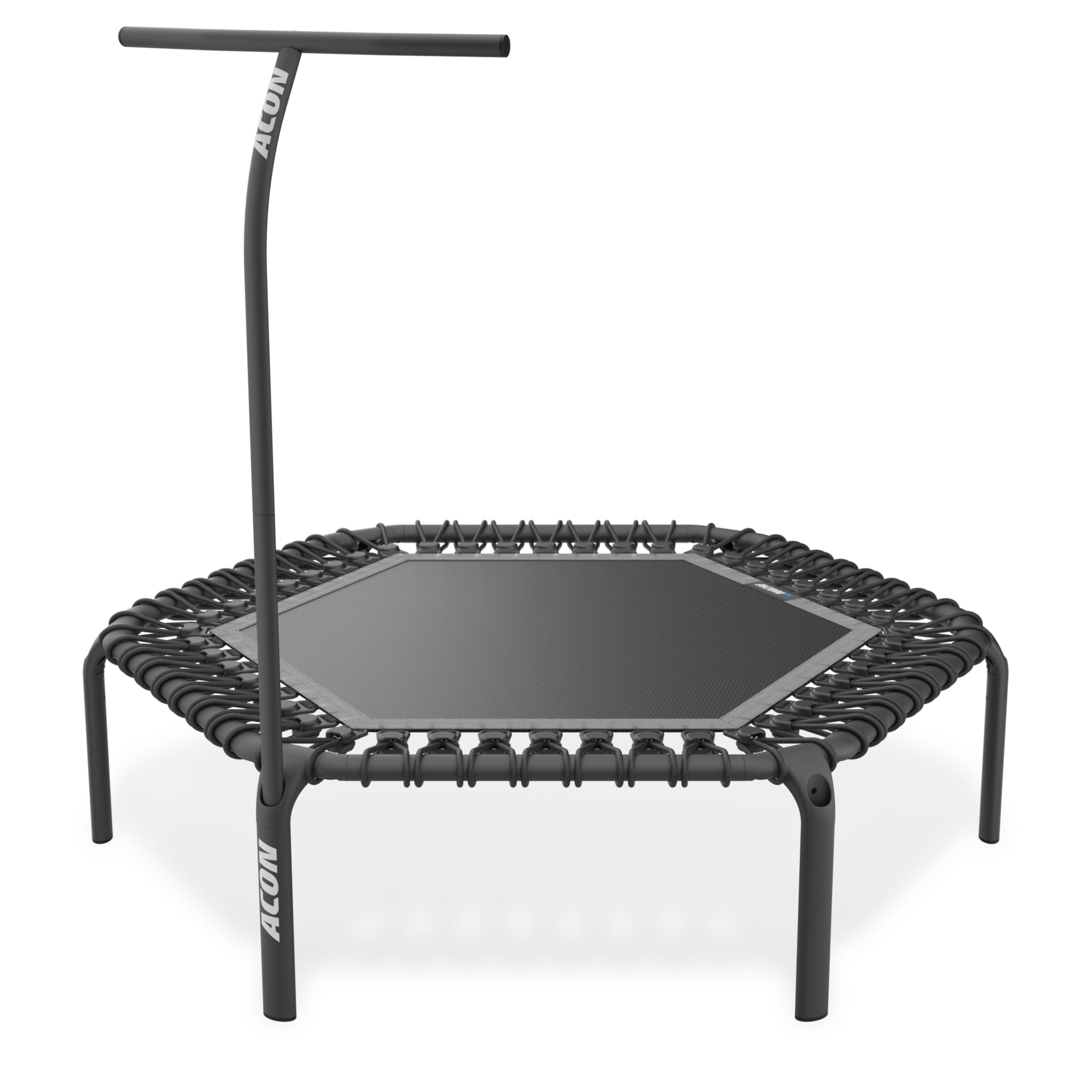 Schwarzes ACON FIT 1,41m Trampolin Hexagon mit Griffstange auf weißem Hintergrund.