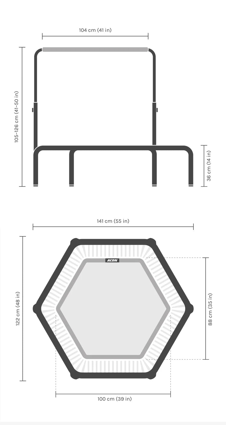 Maße des sechseckigen Acon FIT Balance Trampolins.