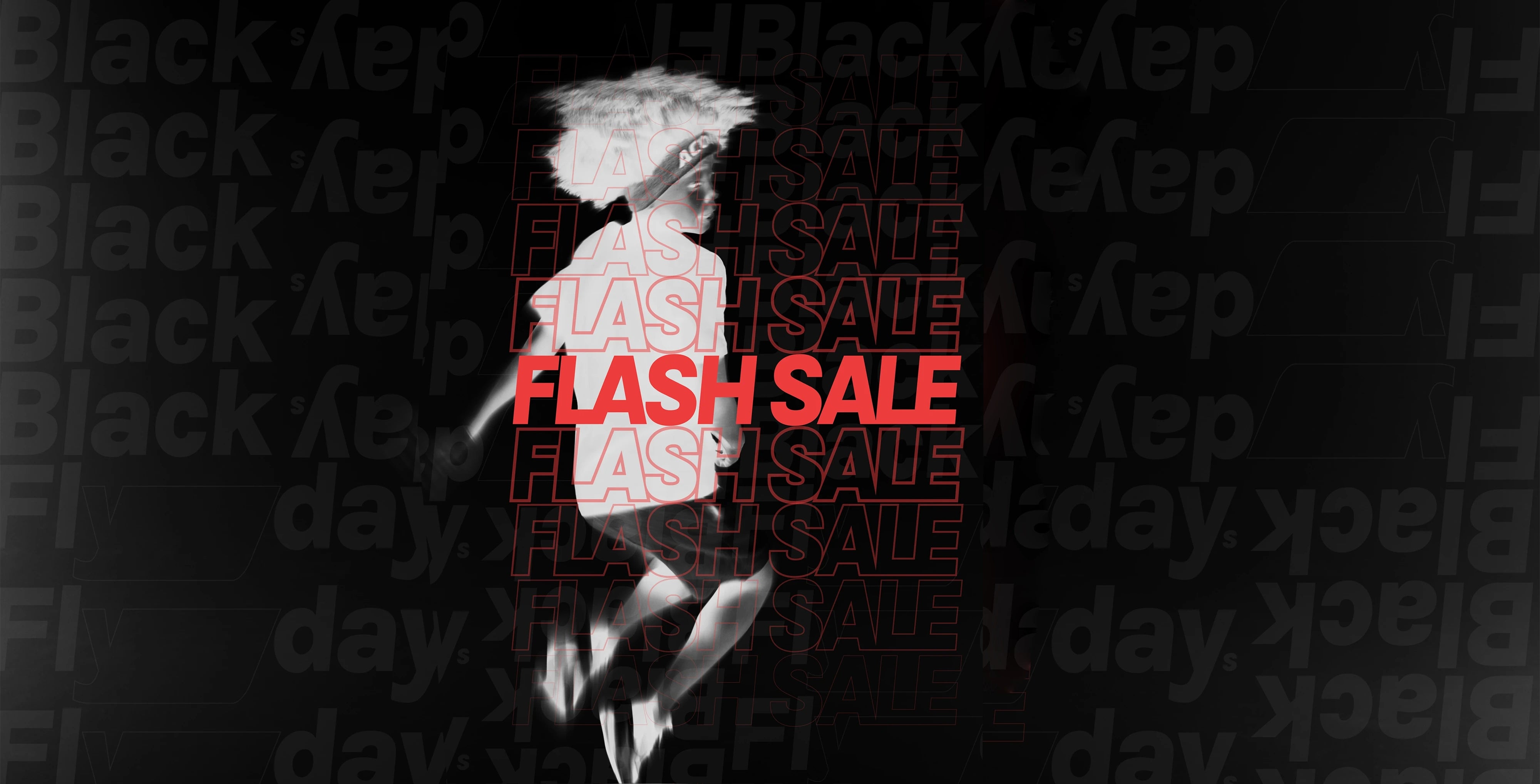 Negativbild eines springenden Jungen, darüber der Text FLASH SALE.