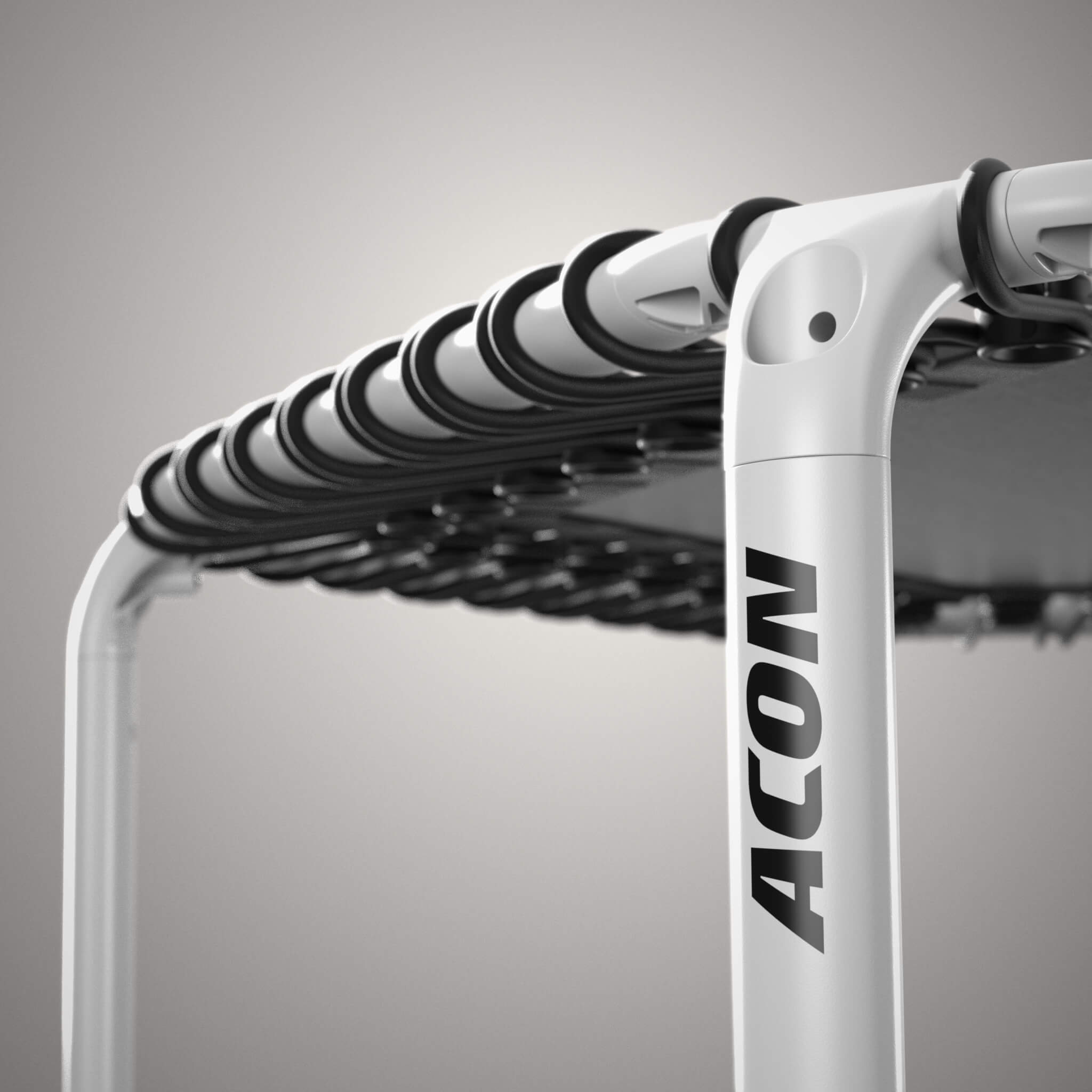 Nahaufnahme eines weißen, sechseckigen Acon FIT-Trampolins.