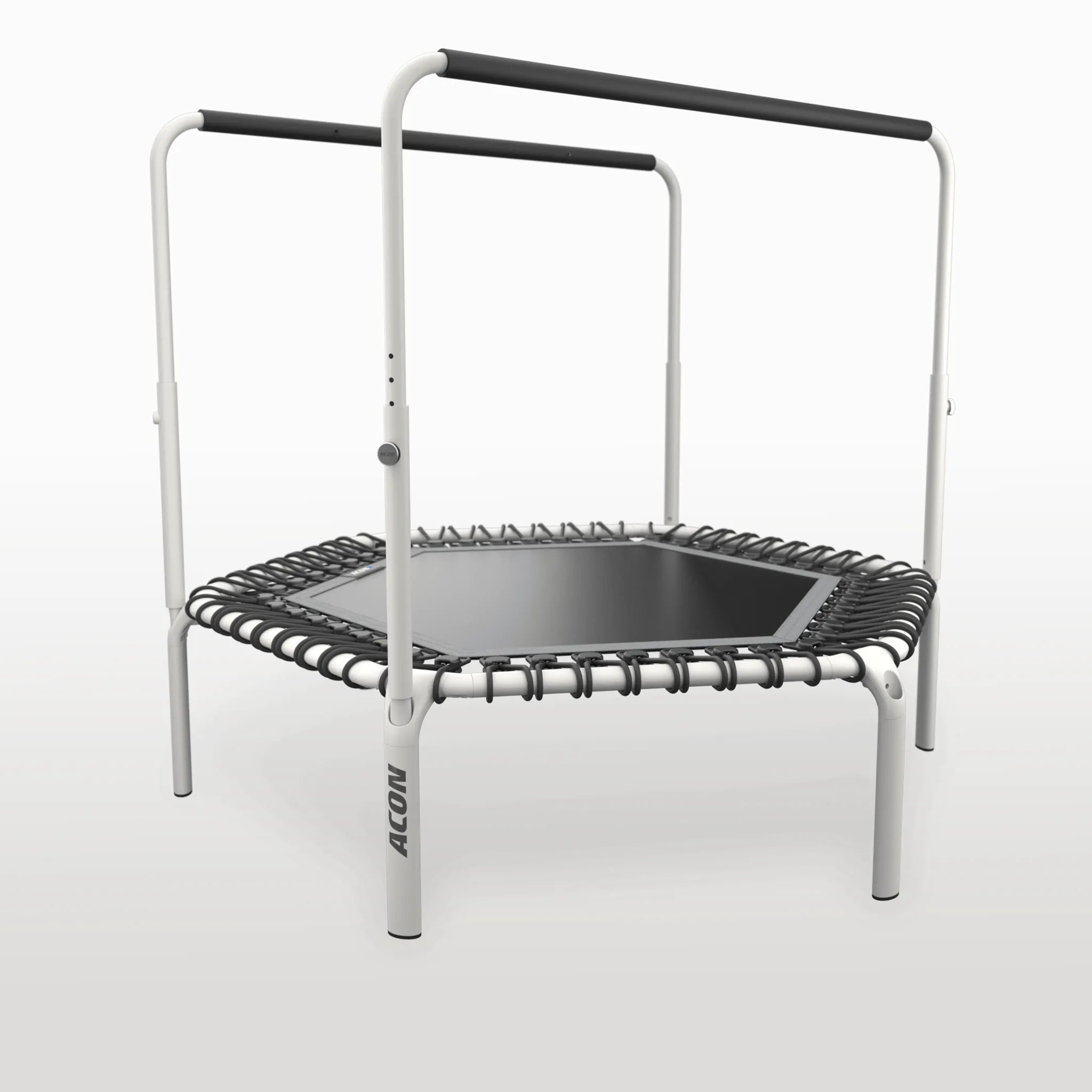 ACON Fit 1,41 m sechseckiger Rebounder mit Balance-Haltestange in Weiß, Produktfoto mit doppelter Haltestange.