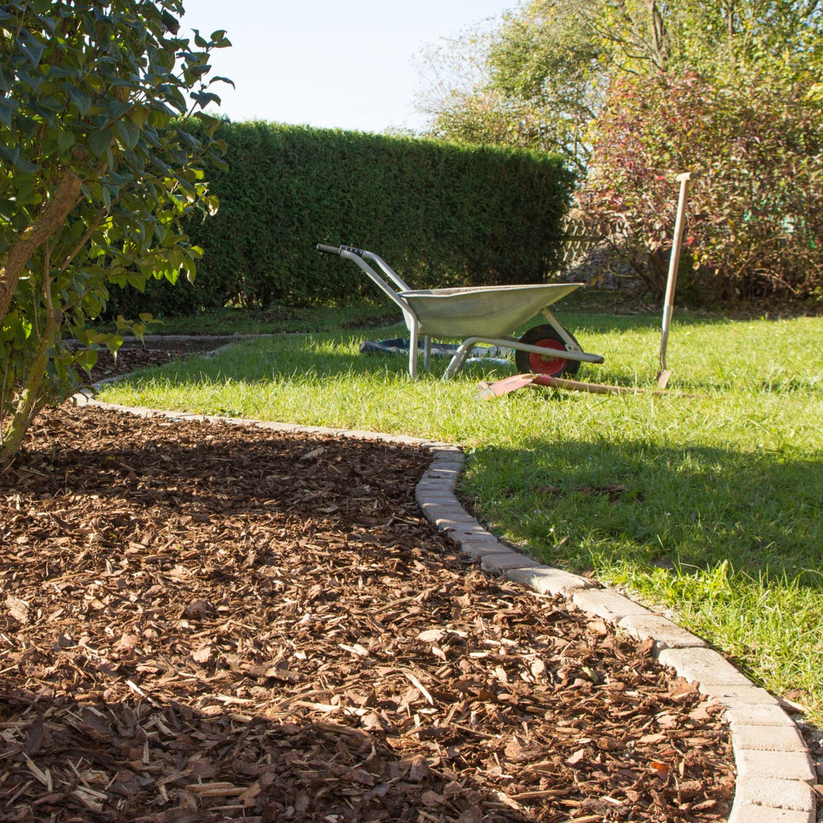 Rindenmulch im Garten und unter dem Trampolin