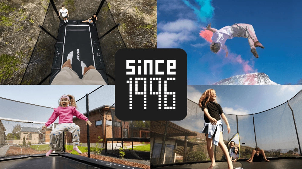 Collage von Menschen auf Acon-Trampolinen mit dem Abzeichen „Since 1996“, das die Tradition der Marke hervorhebt.