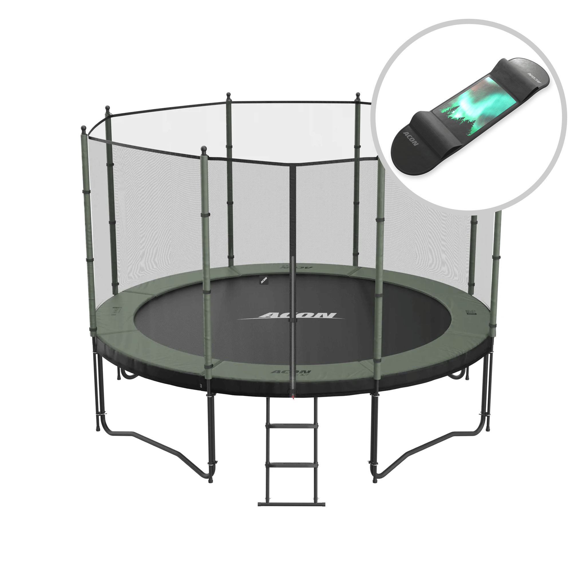 ACON Air 3,7m Trampolin mit Standard-Überdachung und Leiter + Skateboard.