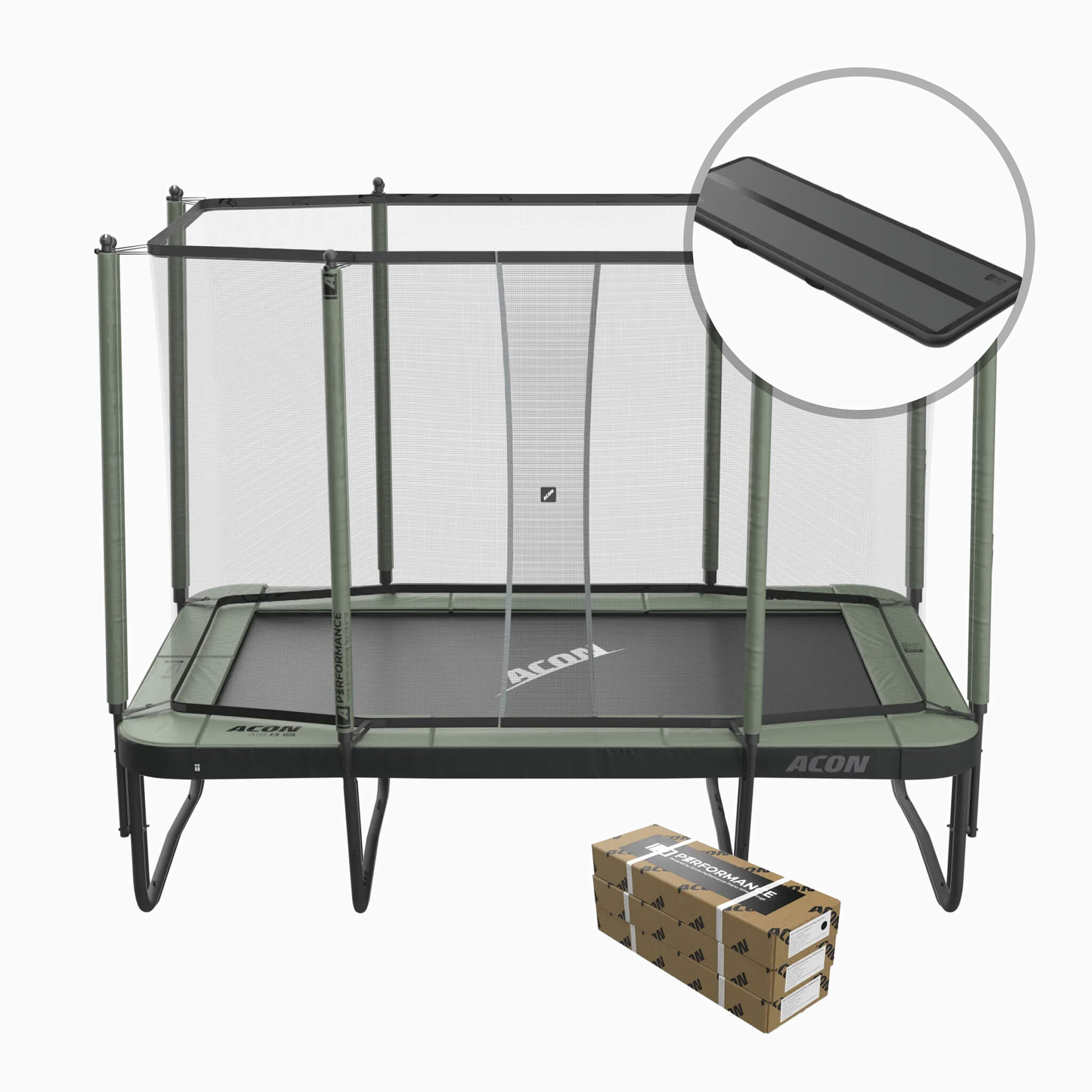 ACON Air 13 HD Performance Trampolin mit Sicherheitsnetz, Leiter und Performance Federn und 3,0m Schwarz Airtrack