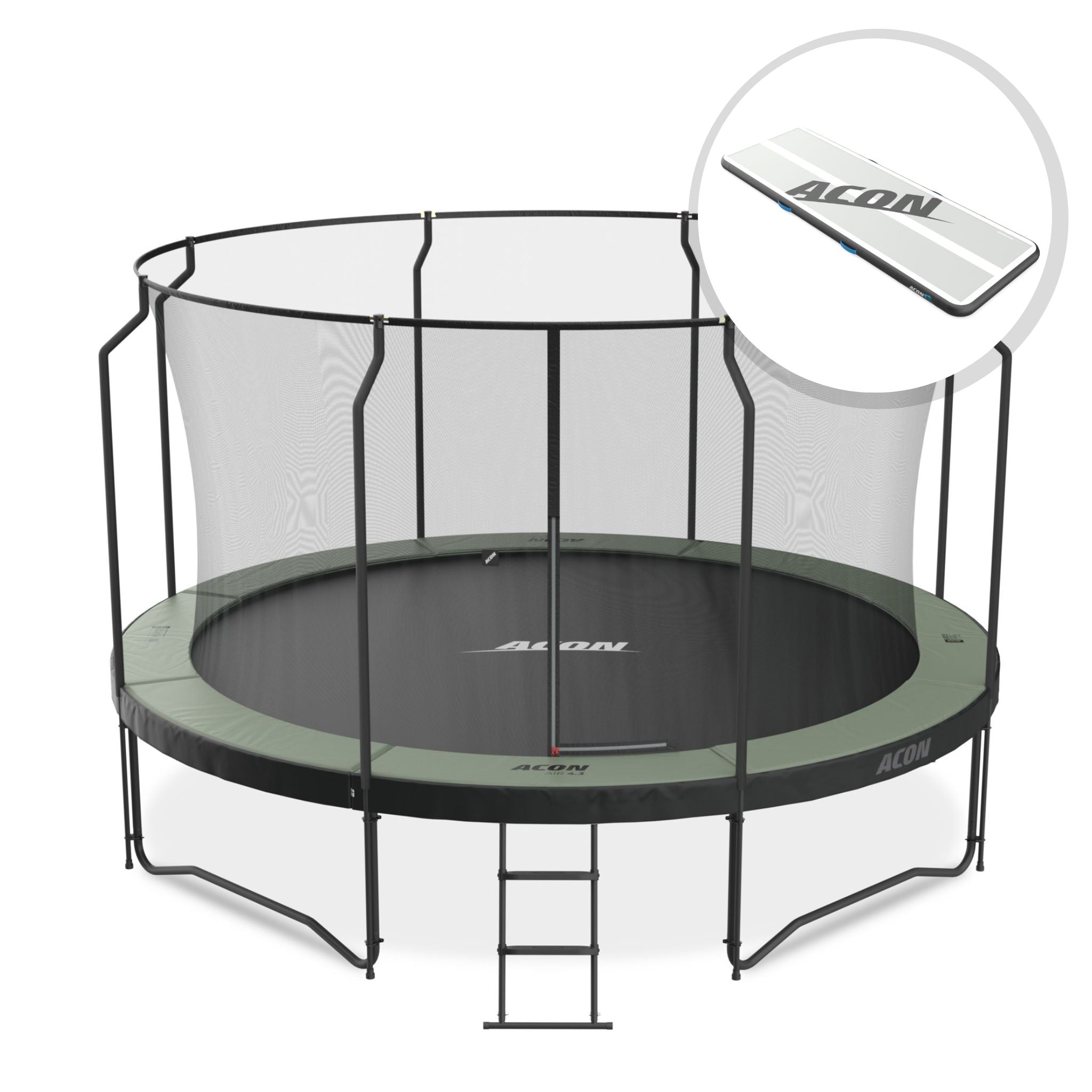 Produktbild des runden Trampolins Acon 15 ft mit Premium-Netz, zusammen mit einem eingefügten runden Bild eines Acon 10 ft Airtracks.