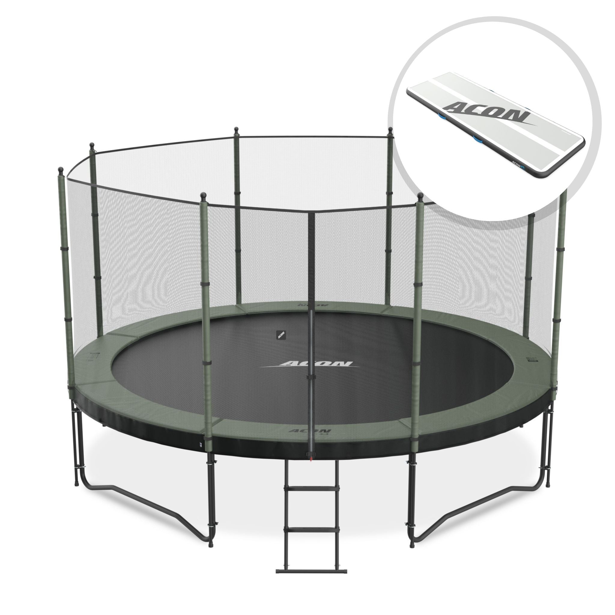 Produktbild des runden Trampolins Acon 15 ft mit Standardnetz, zusammen mit einem eingefügten runden Bild eines Acon 10 ft Airtracks.