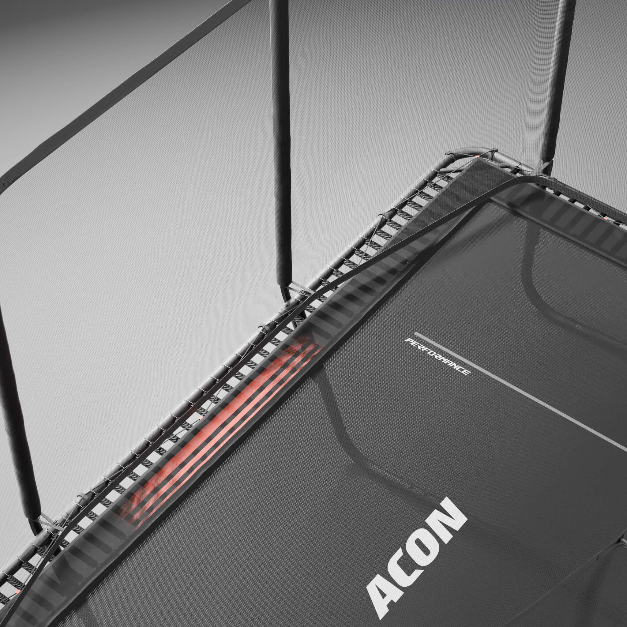 Detail der Performance-Sprungmatte und -Federn des Acon HD PRO Trampolins.