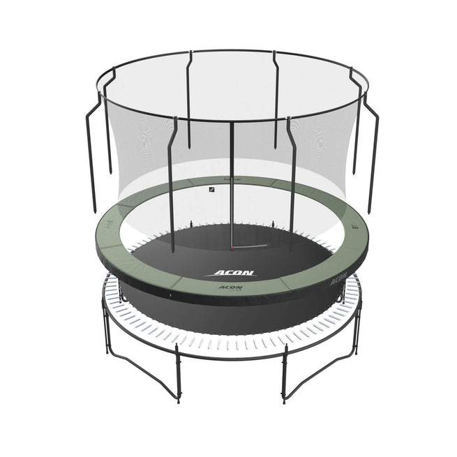 Ein vergrößertes Bild des runden Acon-Trampolins mit Premium-Sicherheitsnetz