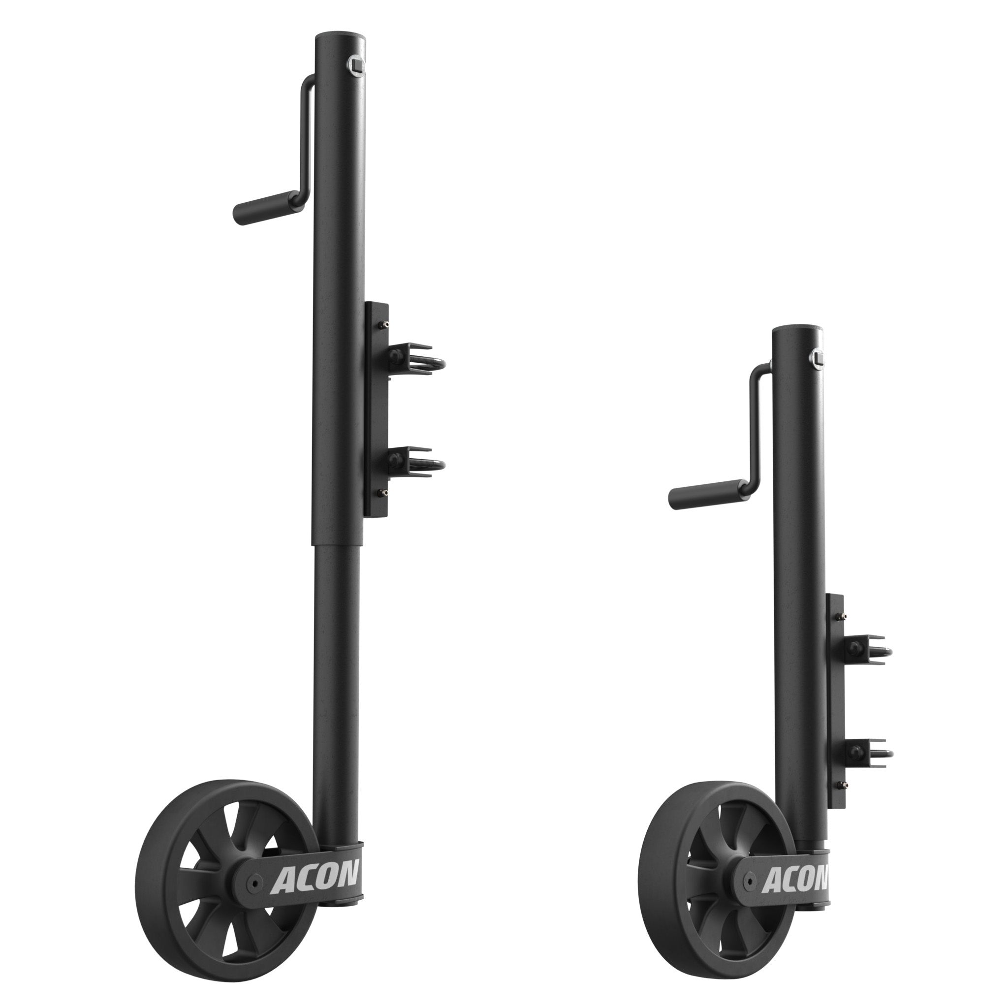 Abbildung mit Acon Trampolinrädern im Vergleich. Das linke Bild zeigt das Trampolinrad in der höchsten, angehobenen Position und das rechte Bild zeigt das Trampolinrad in der niedrigsten Position, vor weißem Hintergrund.