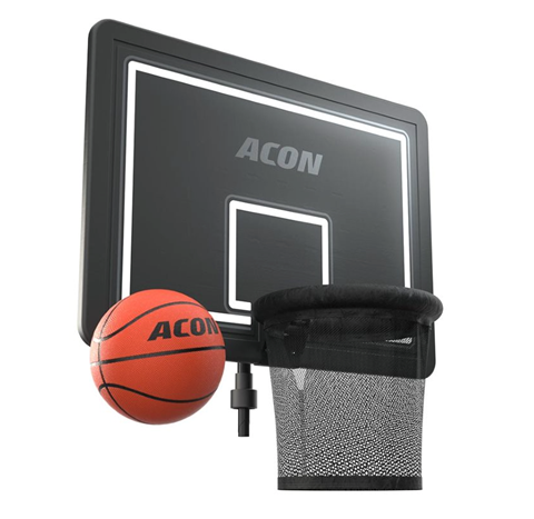 Produktbild des orangefarbenen Acon-Basketballs in Profiqualität, der neben dem Acon-Trampolinkorb für runde Trampoline abgebildet ist, aufgenommen vor weißem Hintergrund.