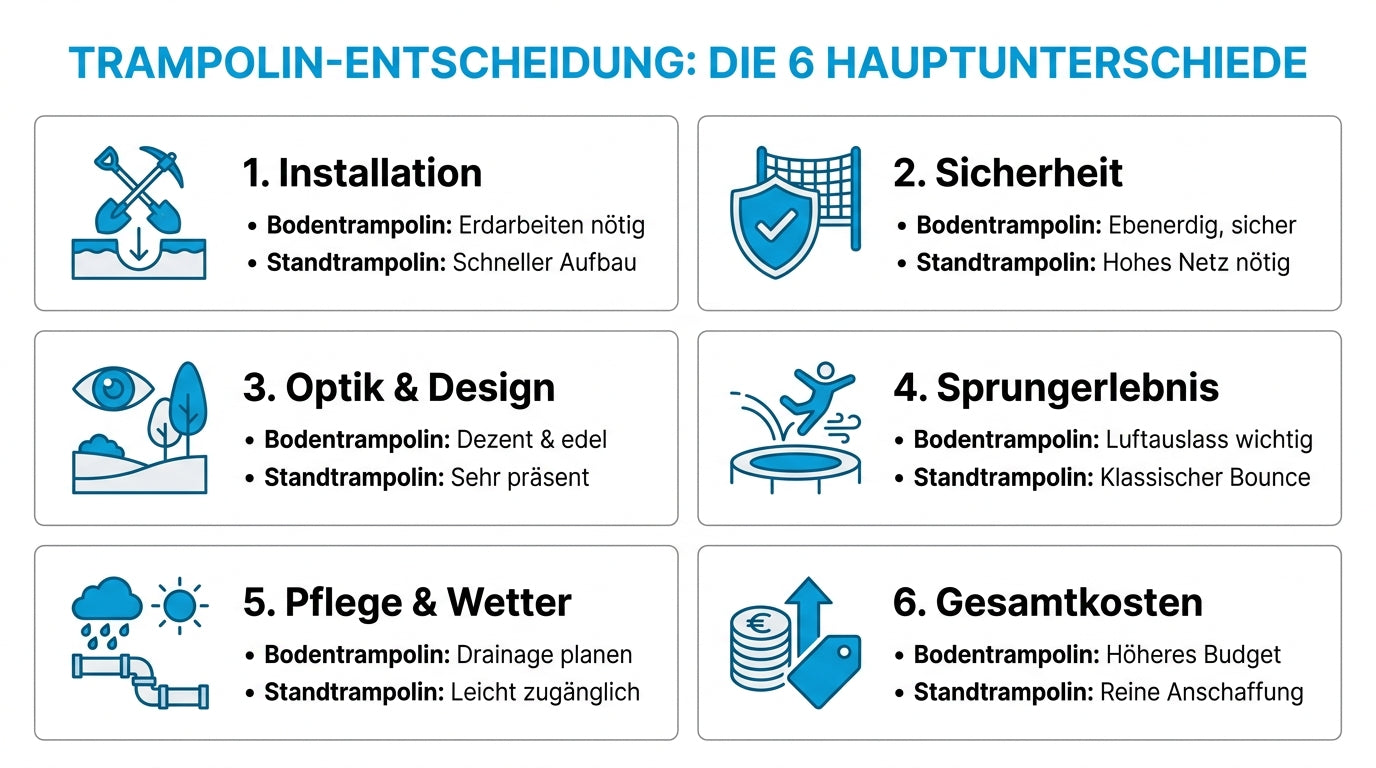 Infografik: 6 Hauptunterschiede Bodentrampolin vs Trampolin mit Füßen – Installation, Sicherheit, Kosten und Sprungerlebnis