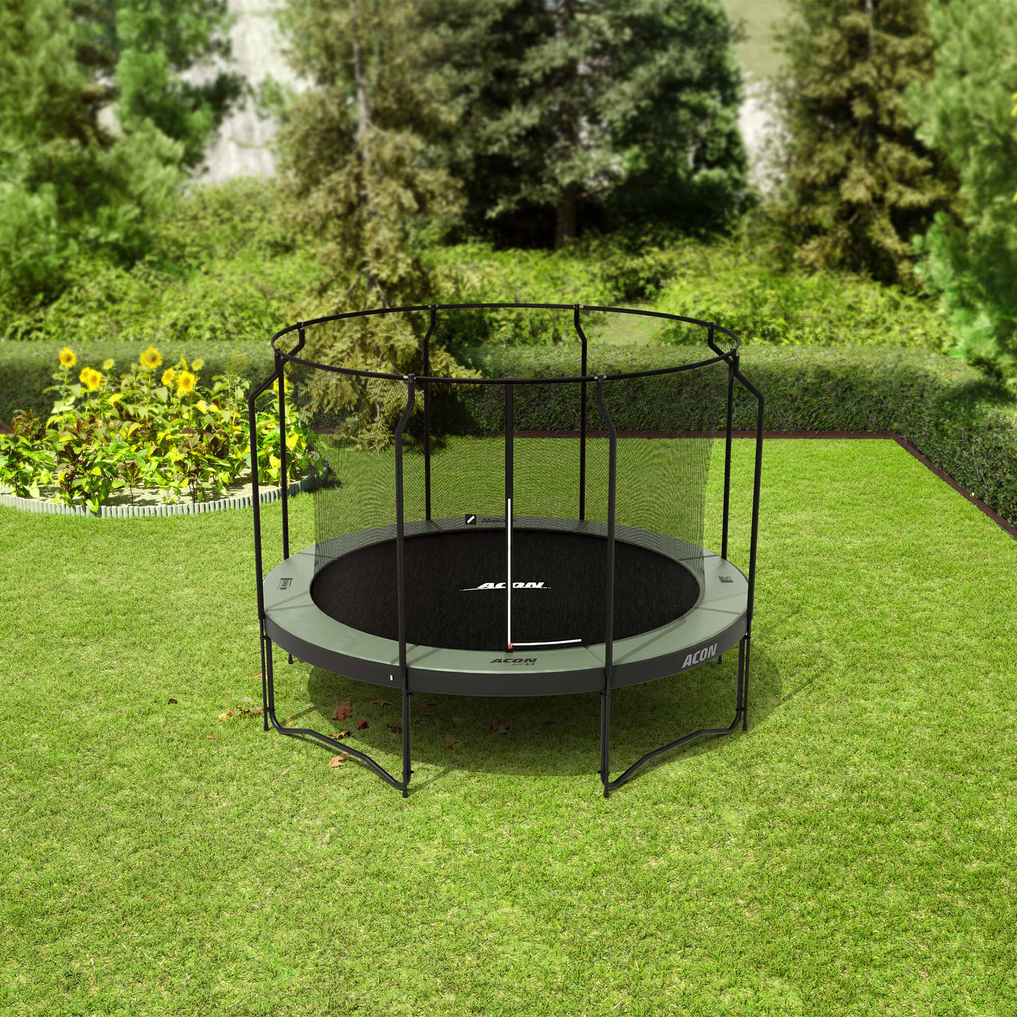 ACON Air 3,7m Trampolin mit Premium Überdachung im Hinterhof.