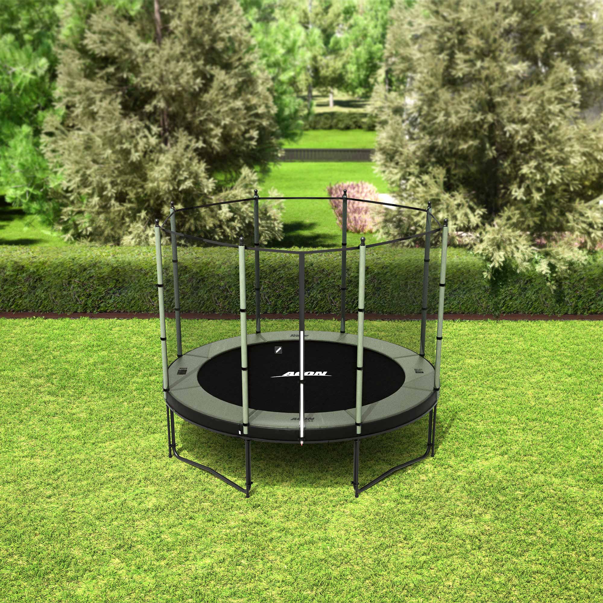 ACON Air 3,0m Trampolin mit Standard-Überdachung im Hinterhof.