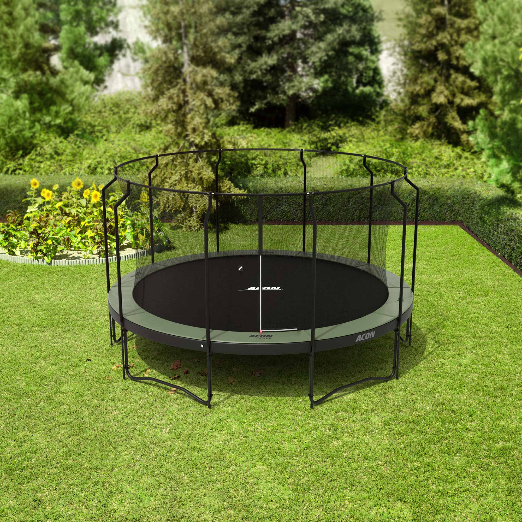 ACON Air 4,6m Trampolin mit Premium Überdachung im Hinterhof.