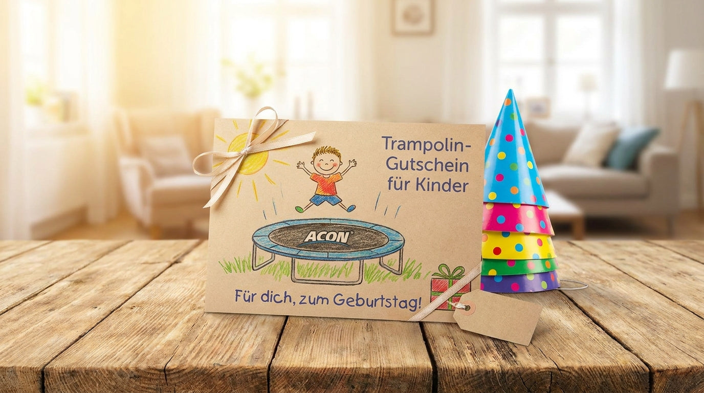 Ein liebevoll gestalteter Trampolin Gutschein zum Basteln für Kinder steht auf einem Holztisch neben bunten Partyhüten.