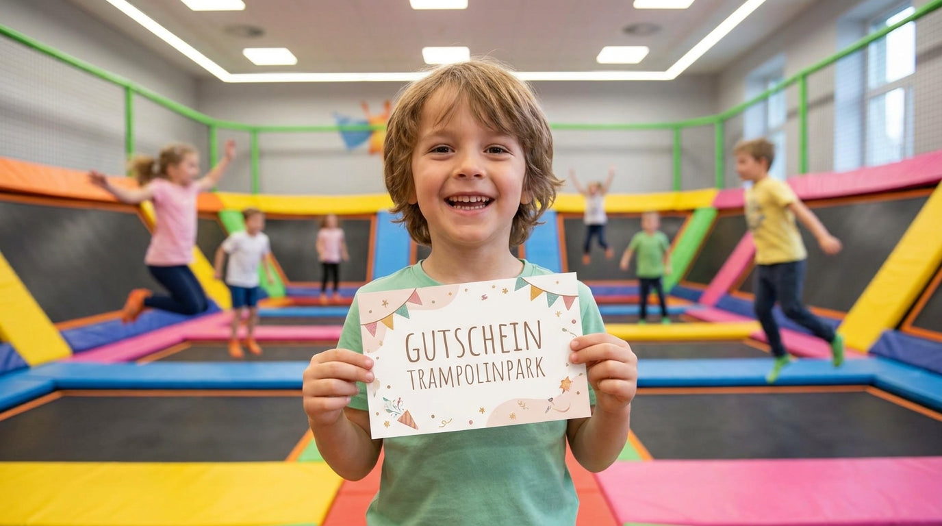 Ein strahlender Junge hält eine Karte mit der Aufschrift „Gutschein Trampolinpark“ in einer bunten Sprunghalle hoch.