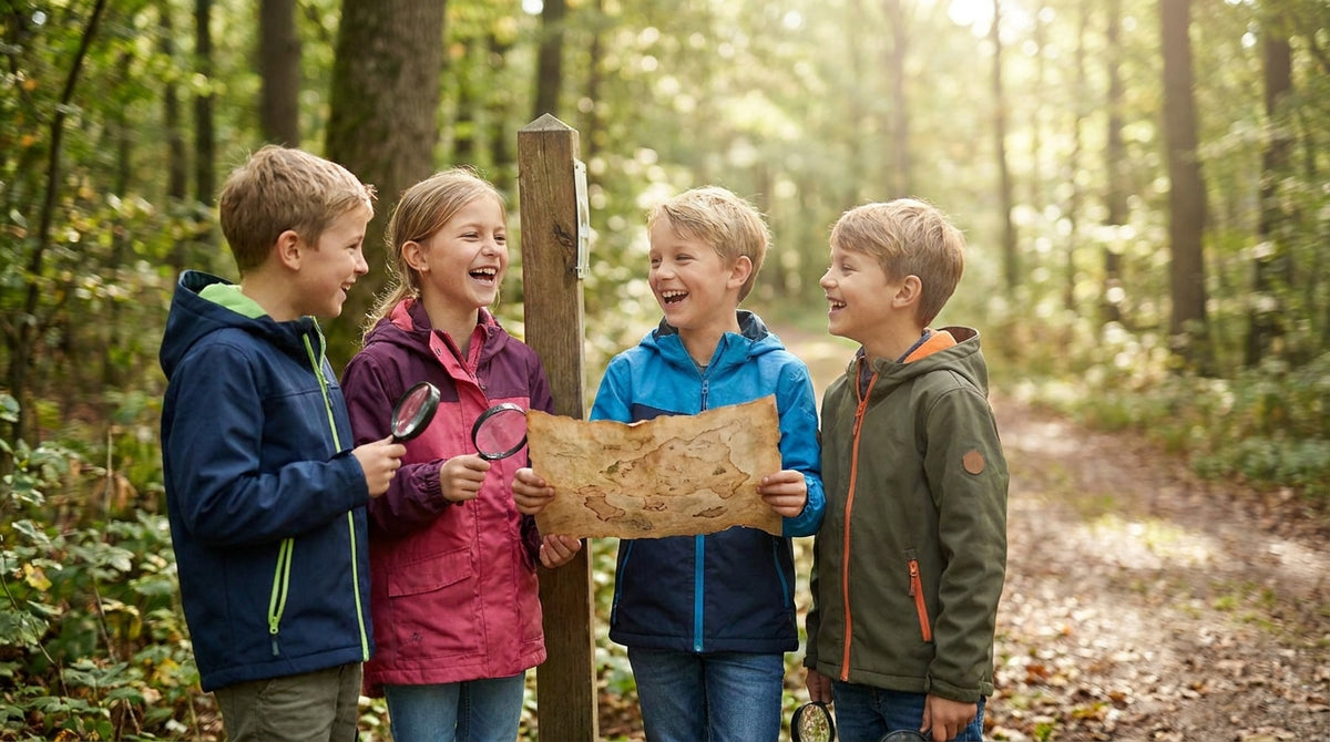 Drei Kinder stehen im Wald und halten eine Karte, während sie sich auf ein Abenteuer vorbereiten.