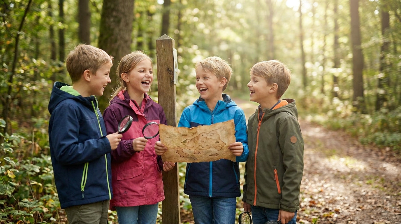 Drei Kinder stehen im Wald und halten eine Karte, während sie sich auf ein Abenteuer vorbereiten.
