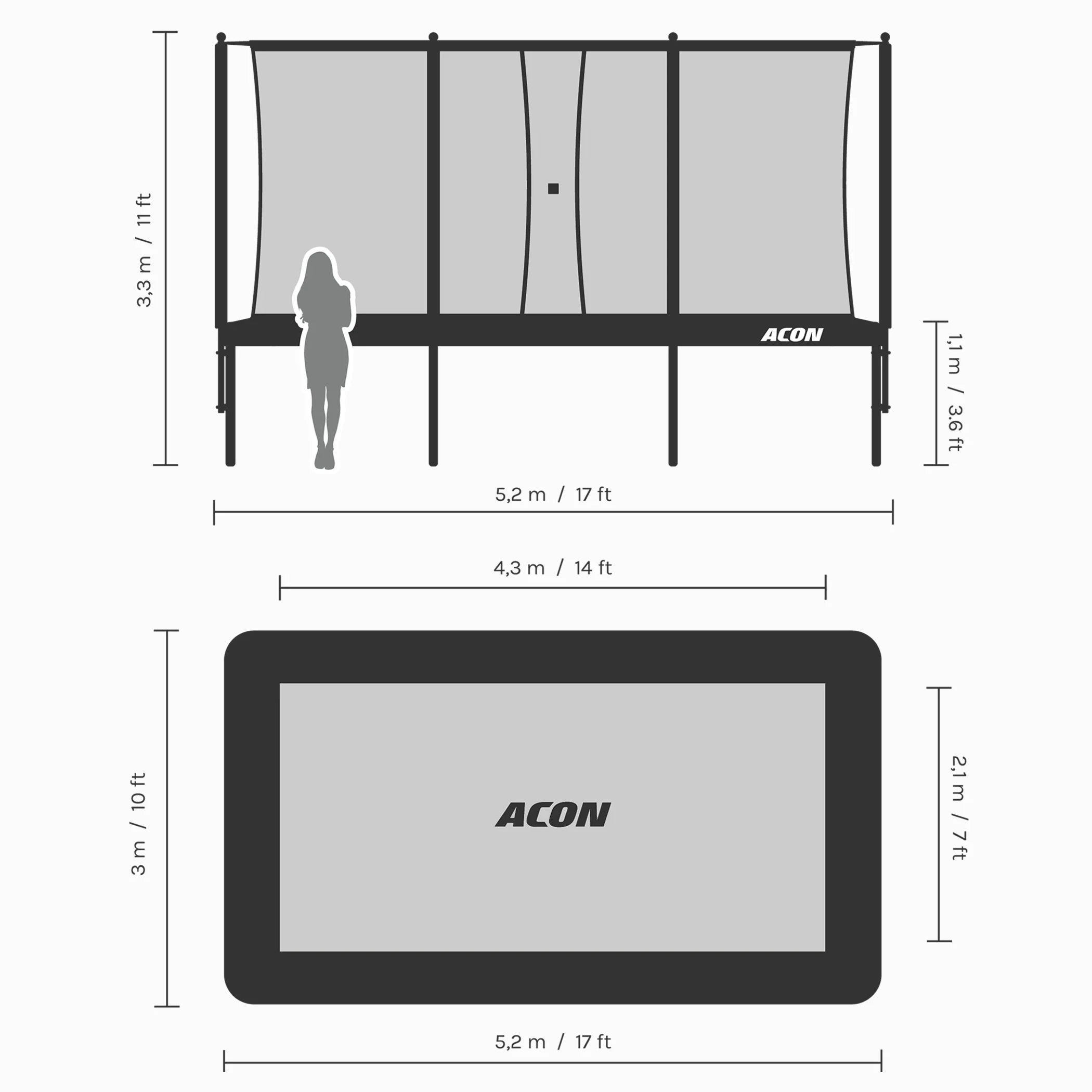 Dessins d'observation des dimensions du trampoline ACON 16 HD.