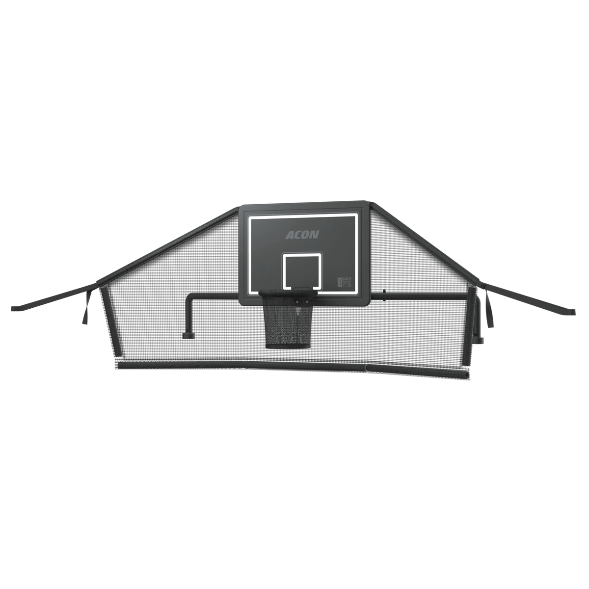 Produktbild des Acon-Trampolinkorbs für ein rechteckiges Trampolin und des dazugehörigen Backnets vor weißem Hintergrund.