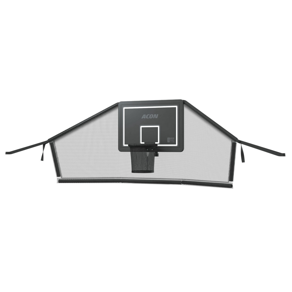 Produktbild des Acon-Trampolinkorbs für ein rundes Trampolin und des dazugehörigen Backnets vor weißem Hintergrund.