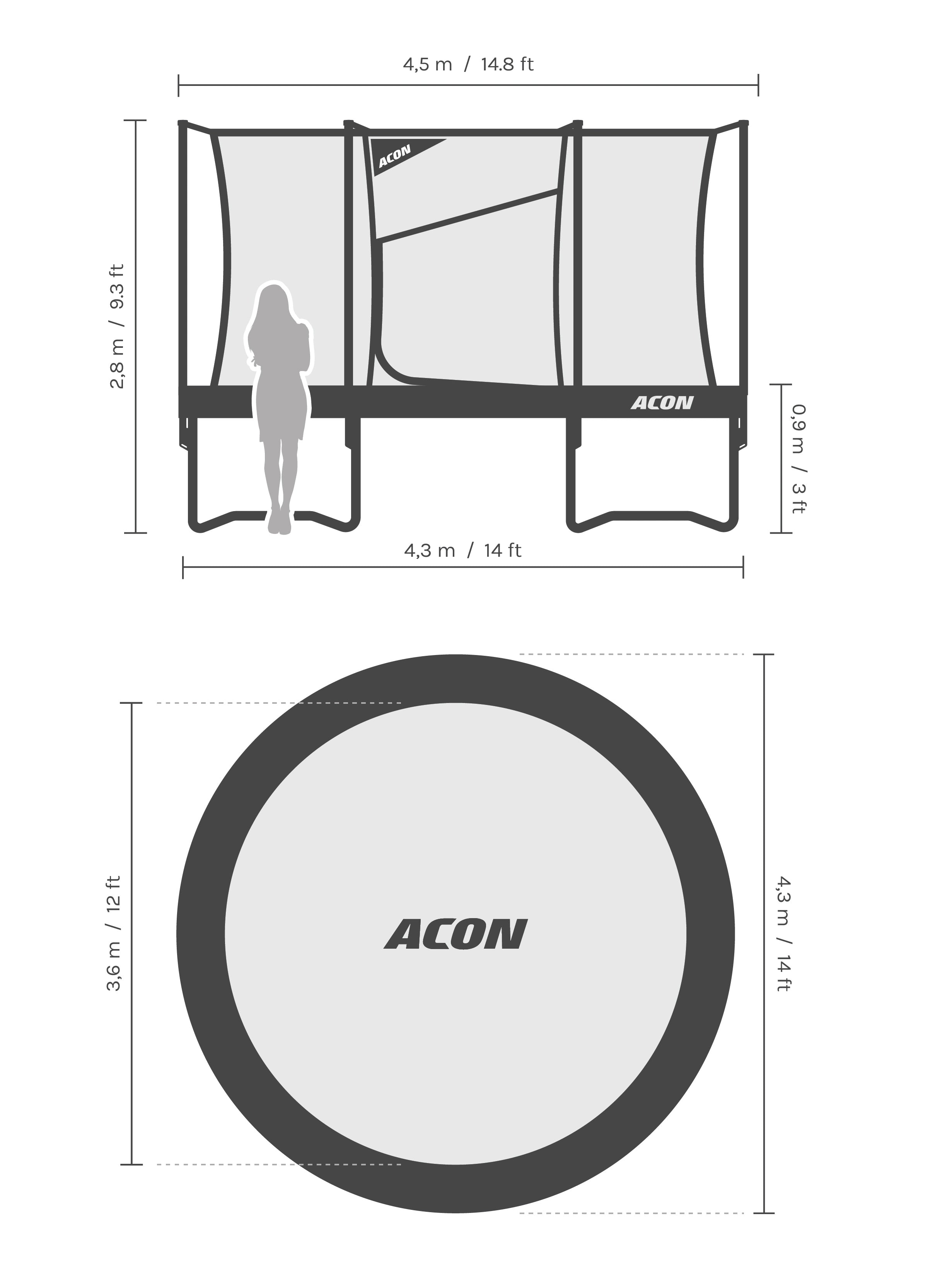 Dimensions and proportions of the Acon Air 4.3 m trampoline.