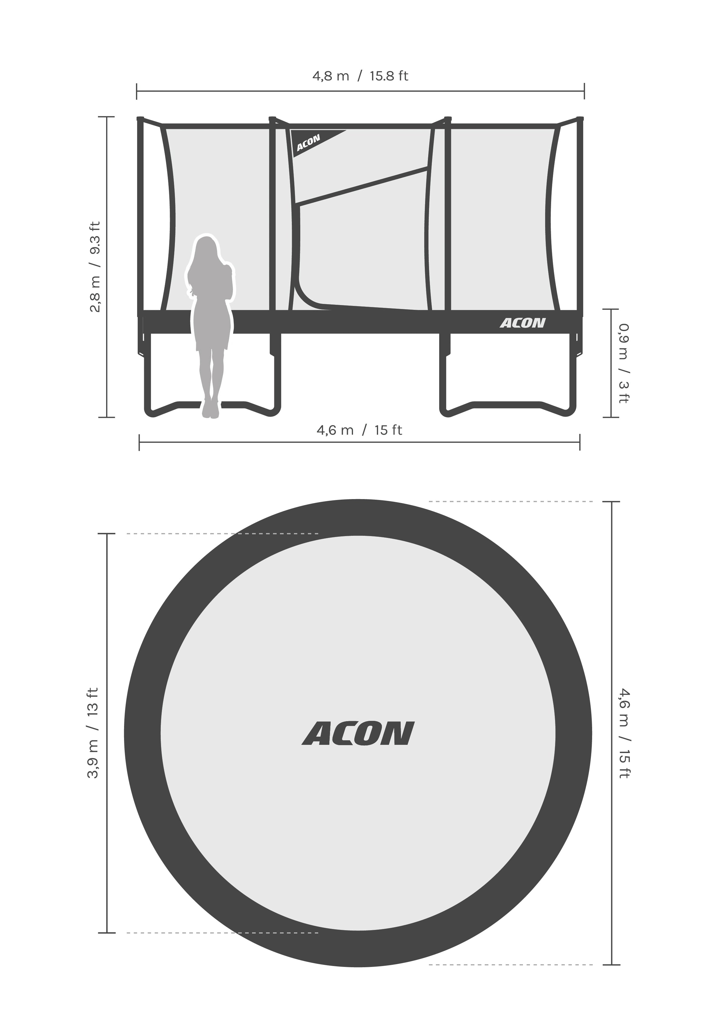 Dimensions and proportions of the Acon Air 4.6 m trampoline.