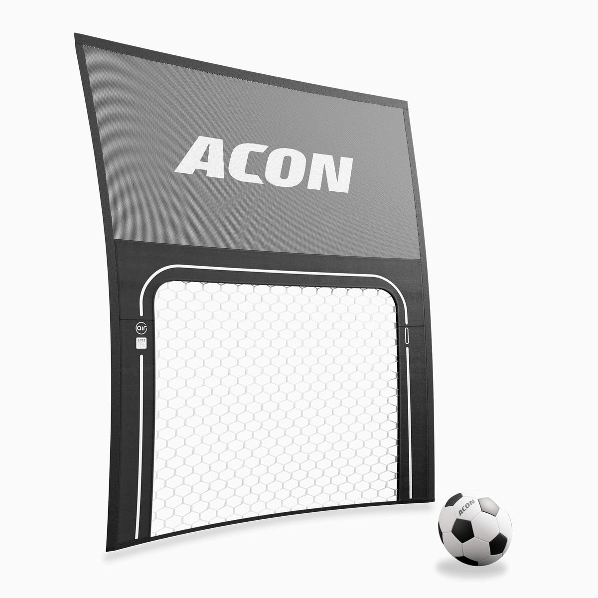 ACON Air Fußballtor für ACON Air Rundtrampoline mit Ball vor weißem Hintergrund.
