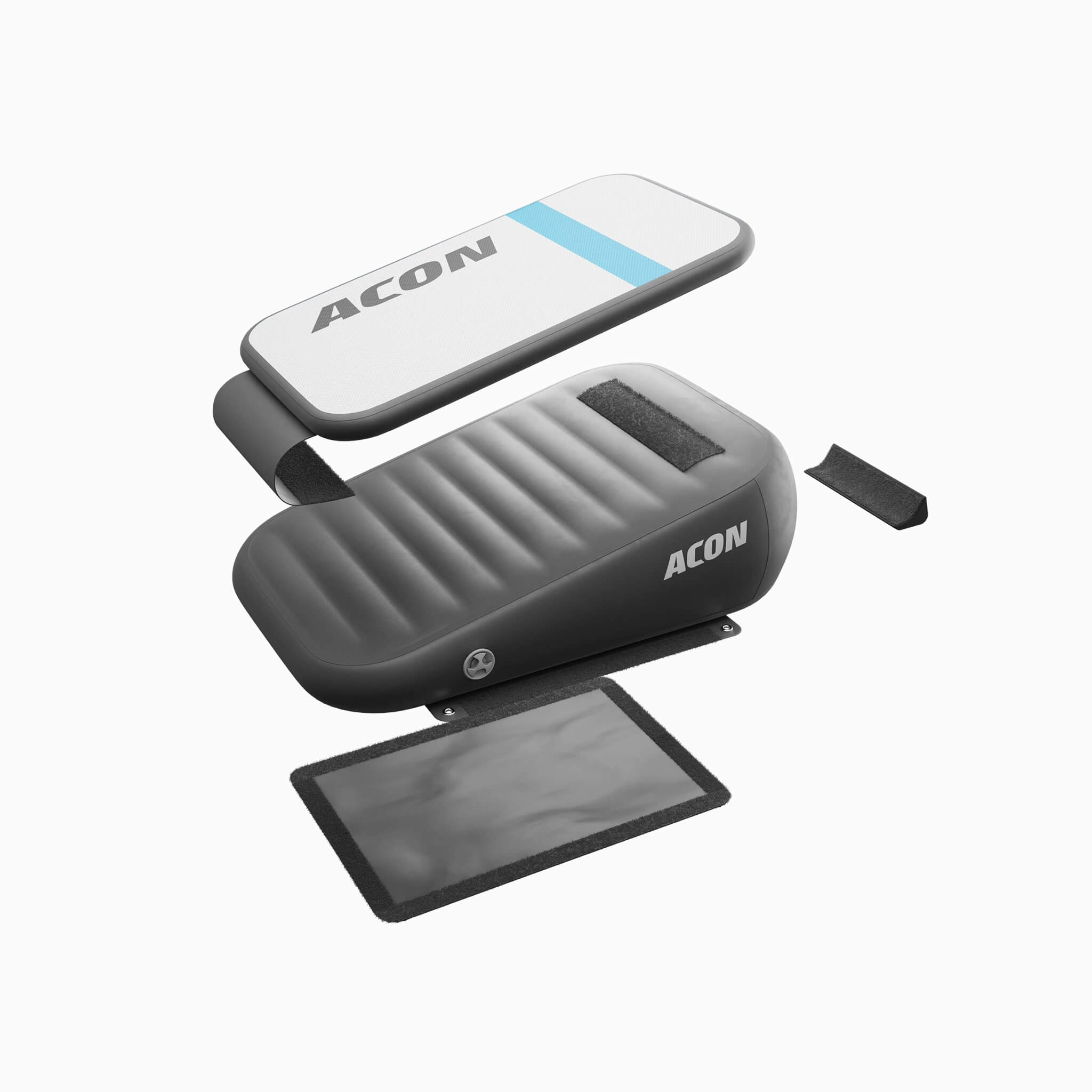 Explosionsdarstellung von ACON Airboard mit den einzelnen Produktkomponenten auf weißem Hintergrund.