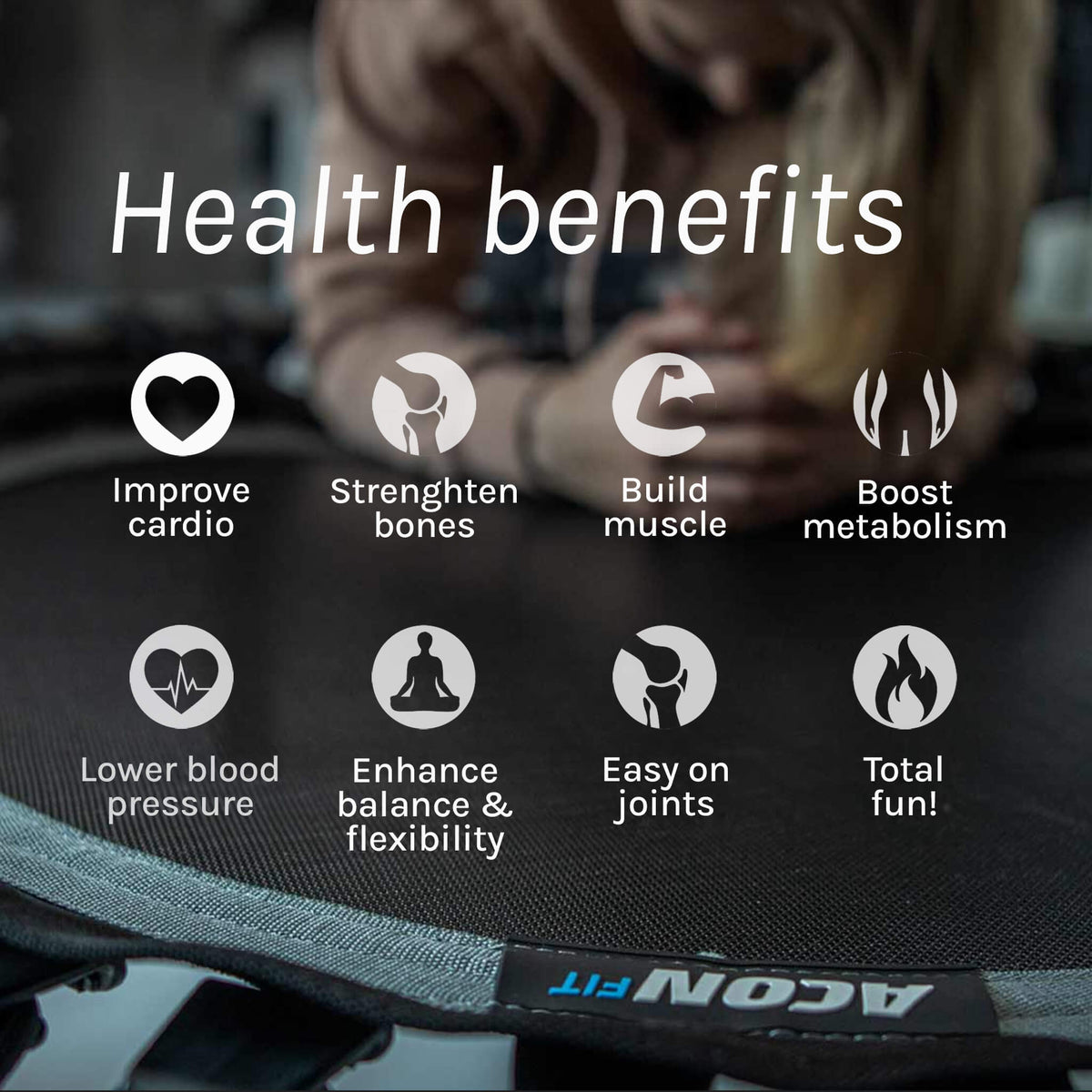 Acon FIT Rebounder - eine unterhaltsame Möglichkeit, gesundheitliche Vorteile für das Herz-Kreislauf-System, die Knochen, Muskeln, Gelenke, den Stoffwechsel und die Flexibilität zu erzielen.