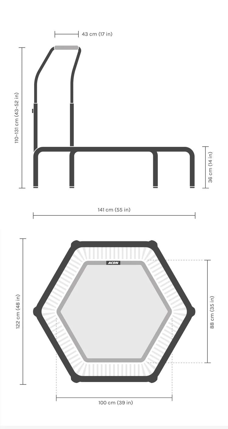 Maße des sechseckigen Acon FIT Active Trampolins.