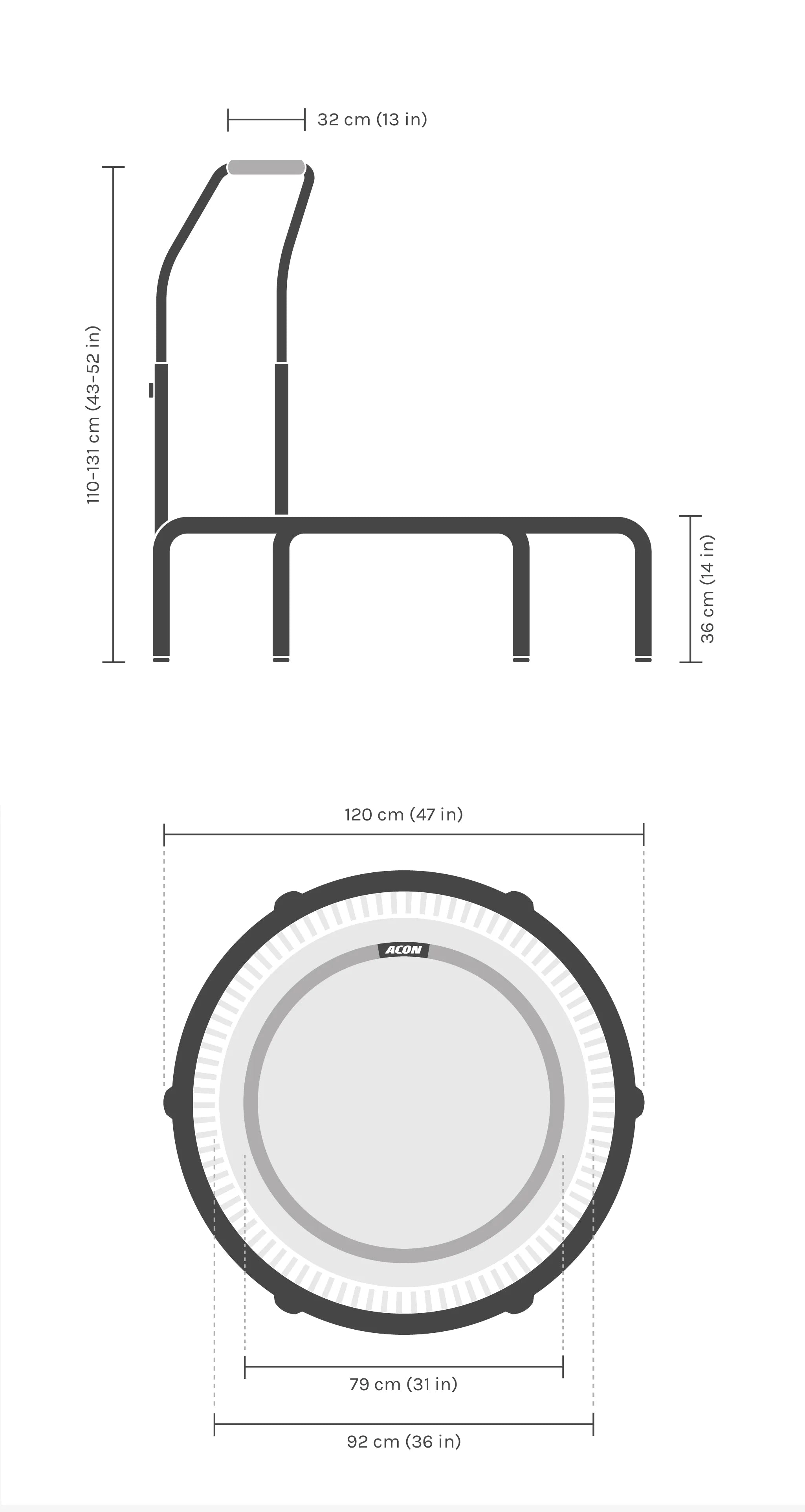 Maße des runden Acon FIT Active Trampolins.