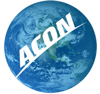 Eine Weltkugel in blauer Tönung mit ACON-Logo in Weiß darauf 