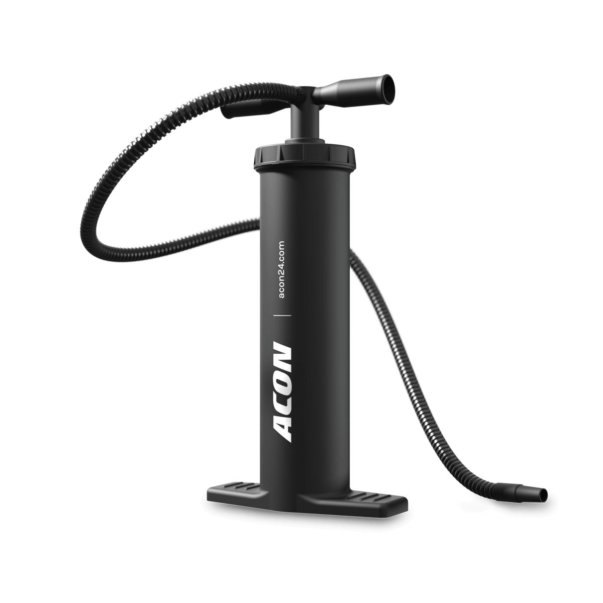 Schwarze ACON-Luftpumpe mit flexiblem Schlauch und ergonomischem Griff zum Aufblasen des Zelts.