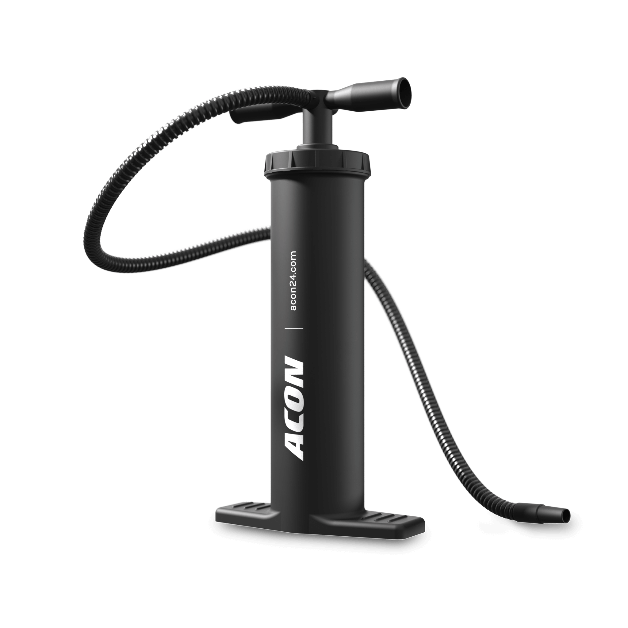Schwarze ACON-Luftpumpe mit flexiblem Schlauch und ergonomischem Griff zum Aufblasen des Zelts.