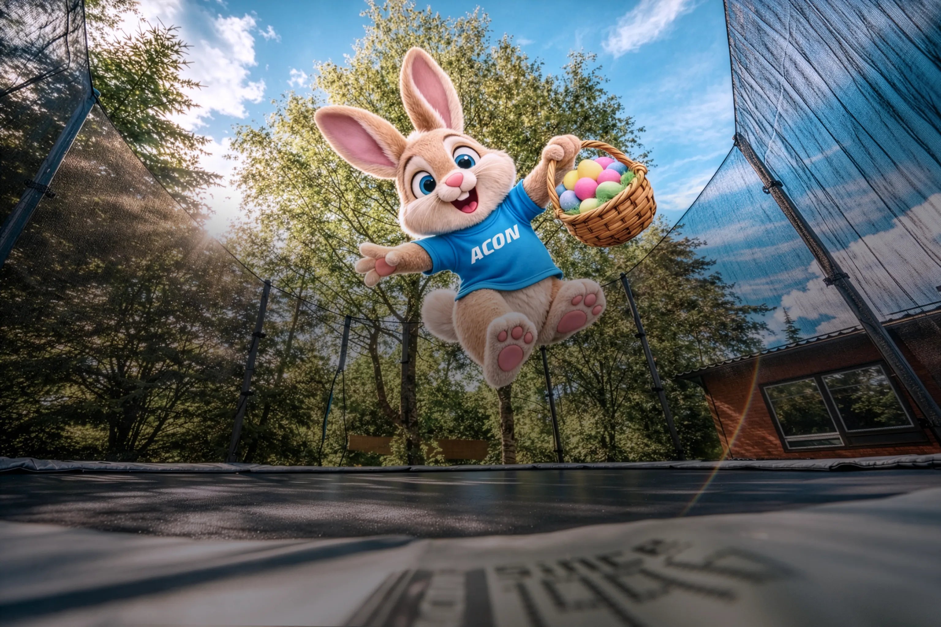 Ein KI‑basierter Bunny‑Charakter im blauen Acon‑Shirt springt fröhlich auf einem Acon‑Trampolin und hält einen Korb mit Ostereiern, was eine lebhafte Osterstimmung schafft.