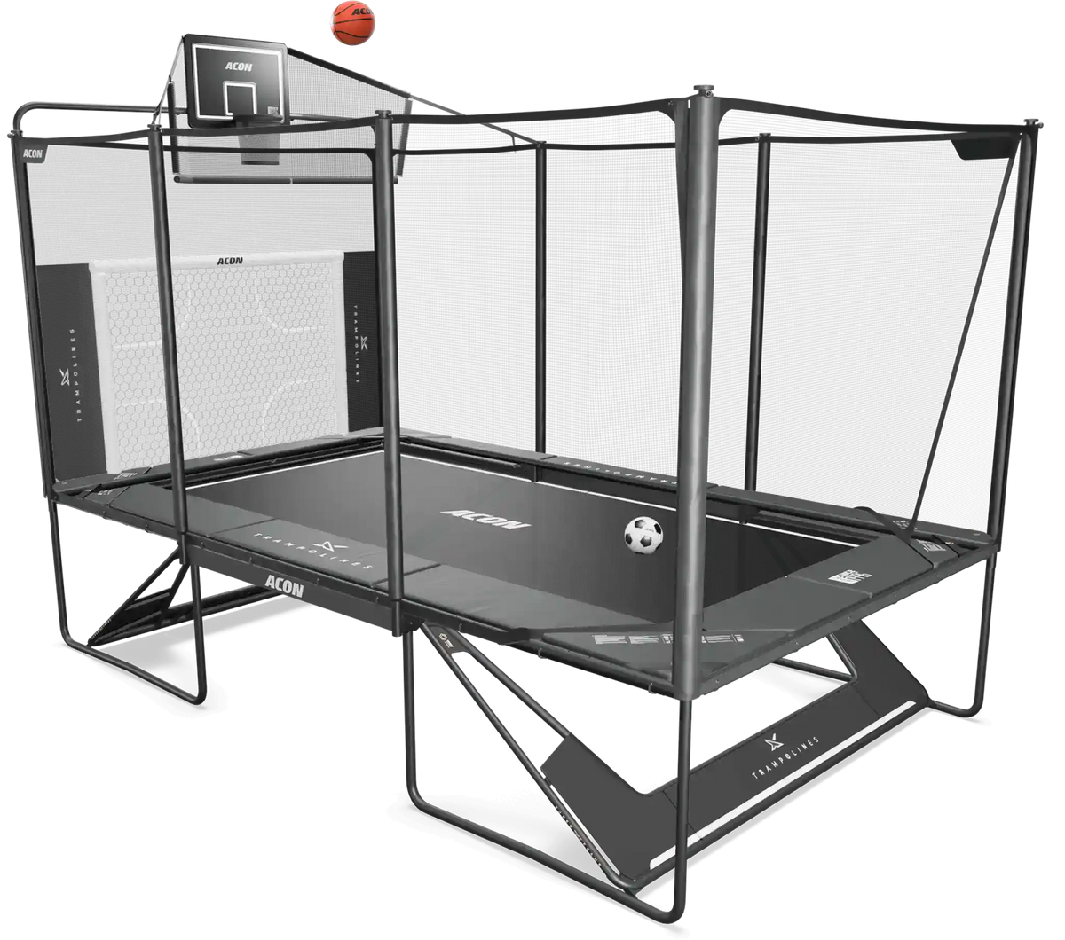 Acon X Trampolin mit Basketballkorb- und Fußballtor-Zubehör.