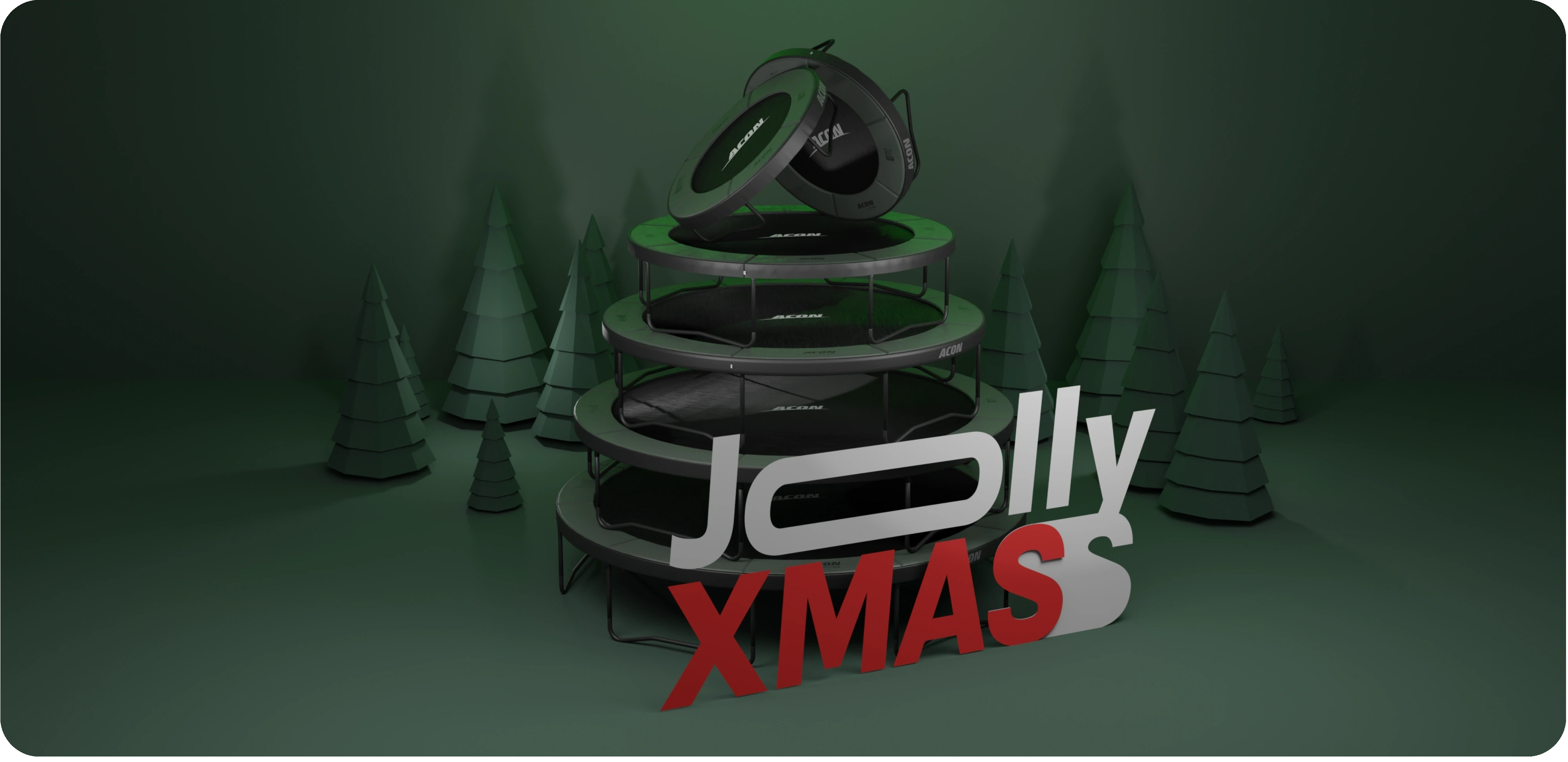 Trampolin-Weihnachtsbaum mit dem Schriftzug Jolly XMAS vor dunkelgrünem Hintergrund.