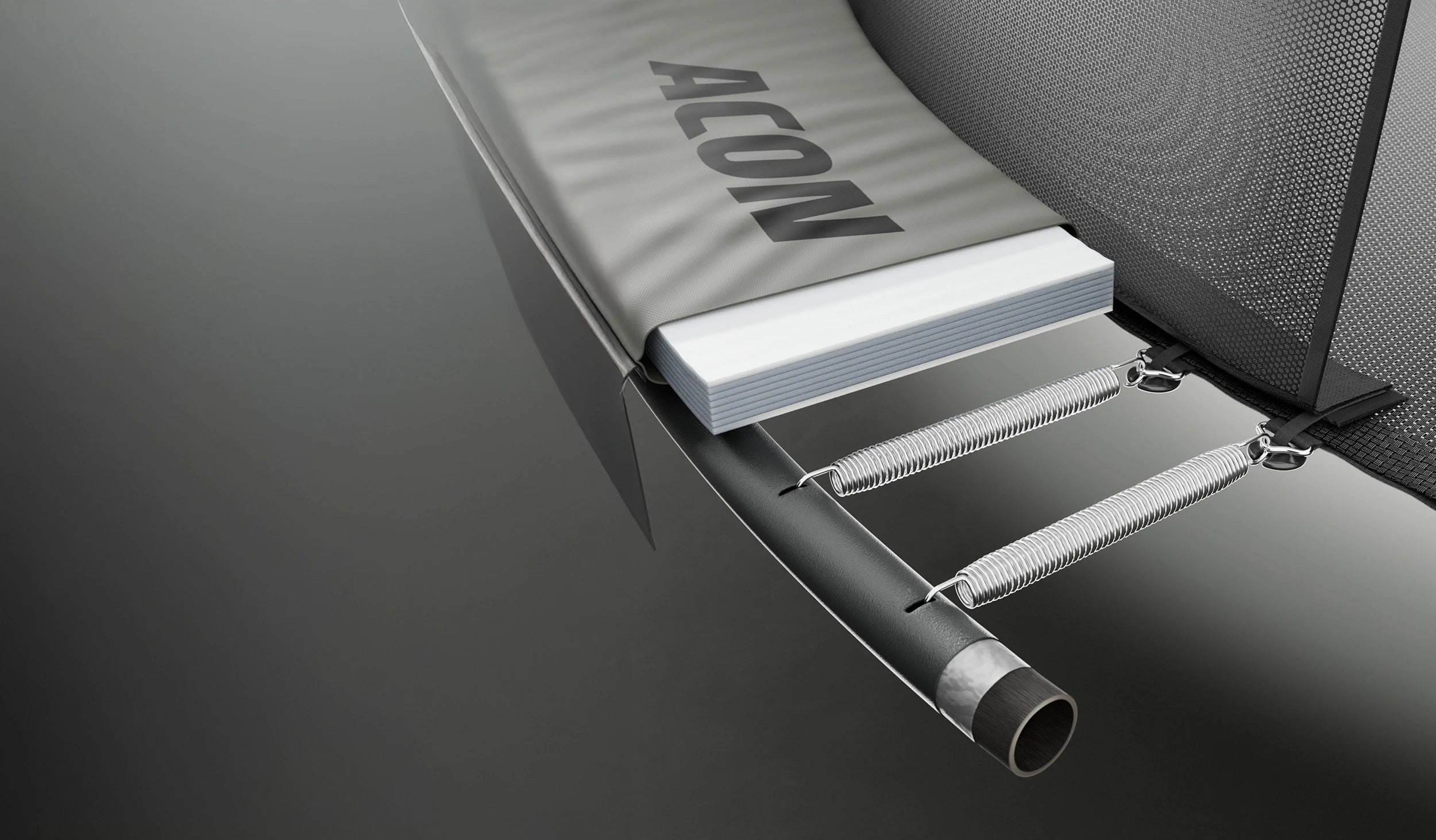 Querschnittsbild eines Acon Air-Trampolinrahmenrohrs und einer 3 cm dicken Sicherheitspolsterung.