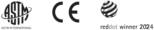 ASTM-, CE- und Red-Dot-Logos.