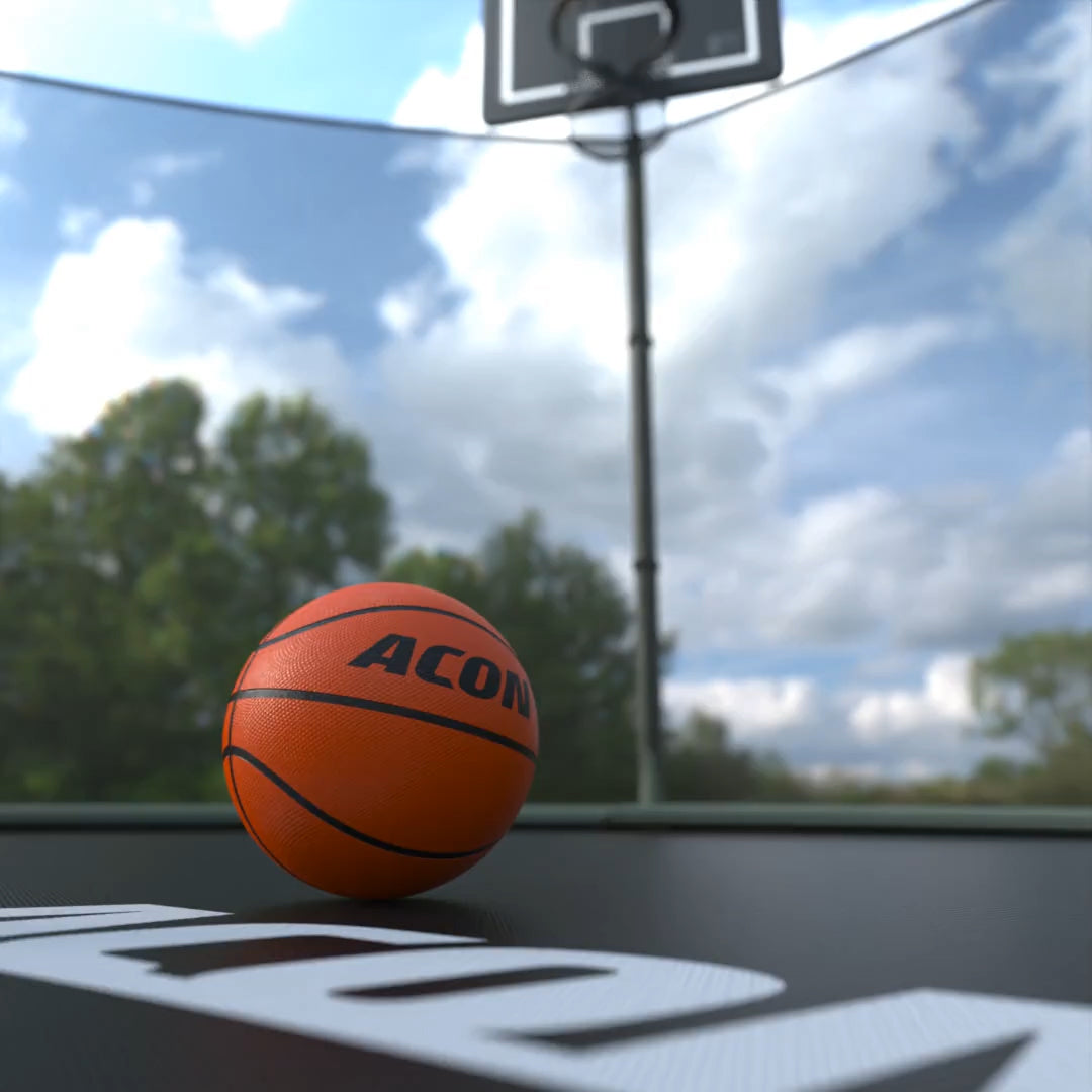 Basketballkorb mit Ball auf Trampolinmatte