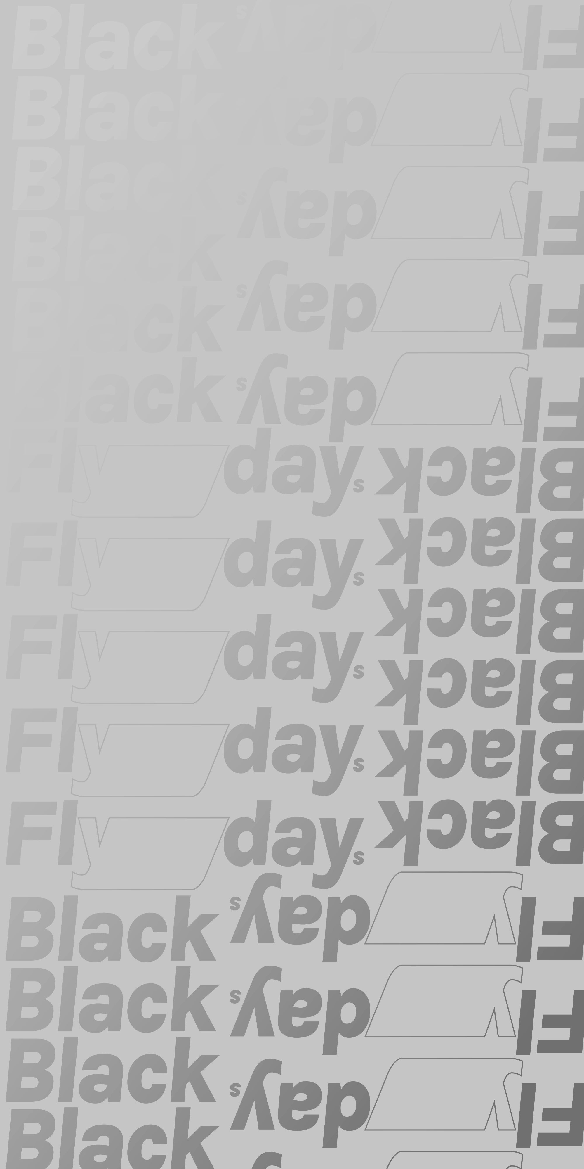 Grauer Hintergrund mit wiederholtem Black Flydays-Text im Farbverlauf. 