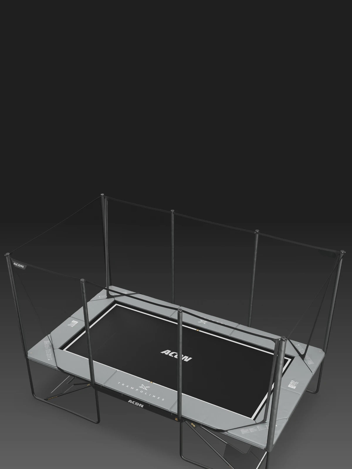 Hellgraues Acon X-Trampolin auf dunklem Hintergrund.