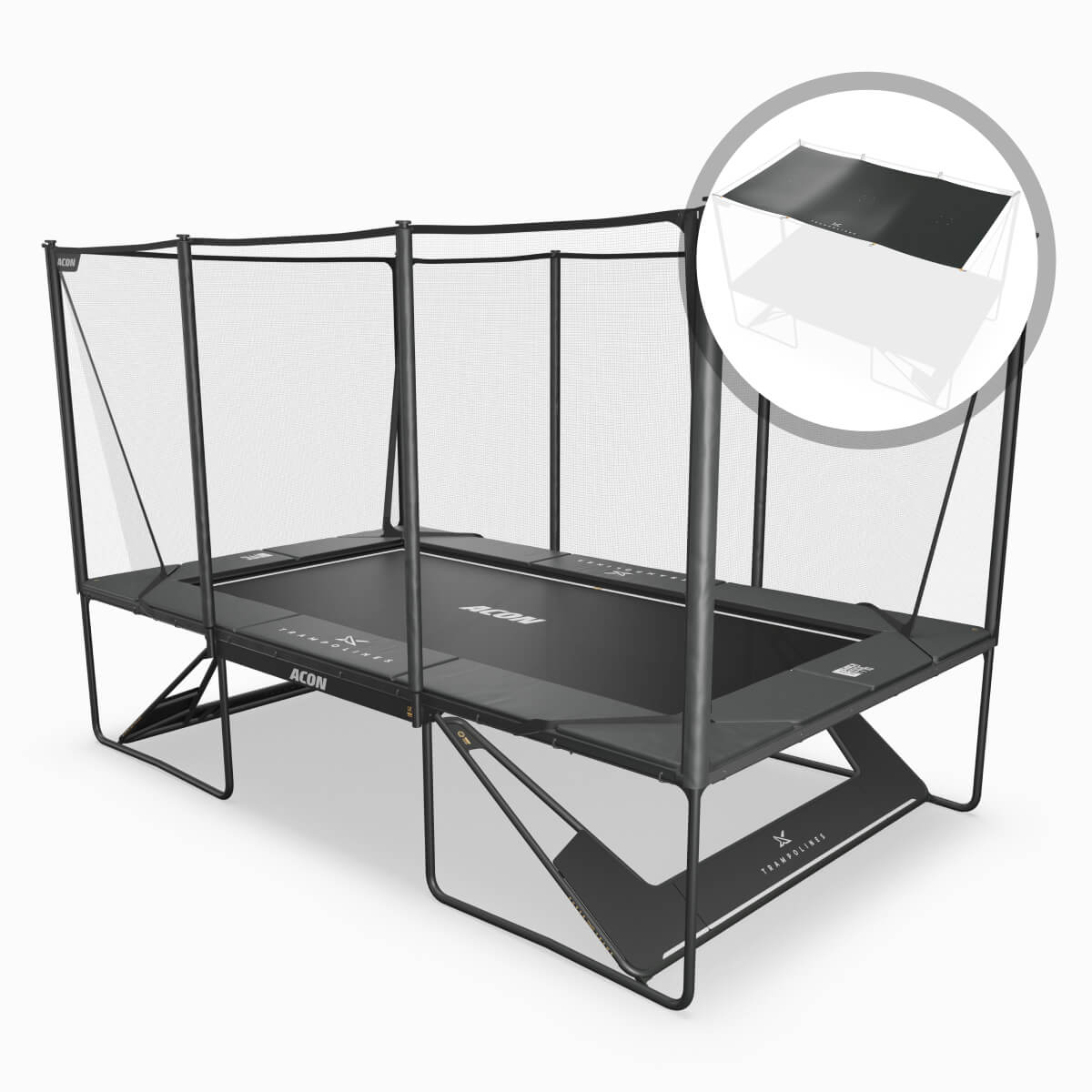 Acon X 17 Trampolin und ein kleineres Bild des Acon X Abdeckung.