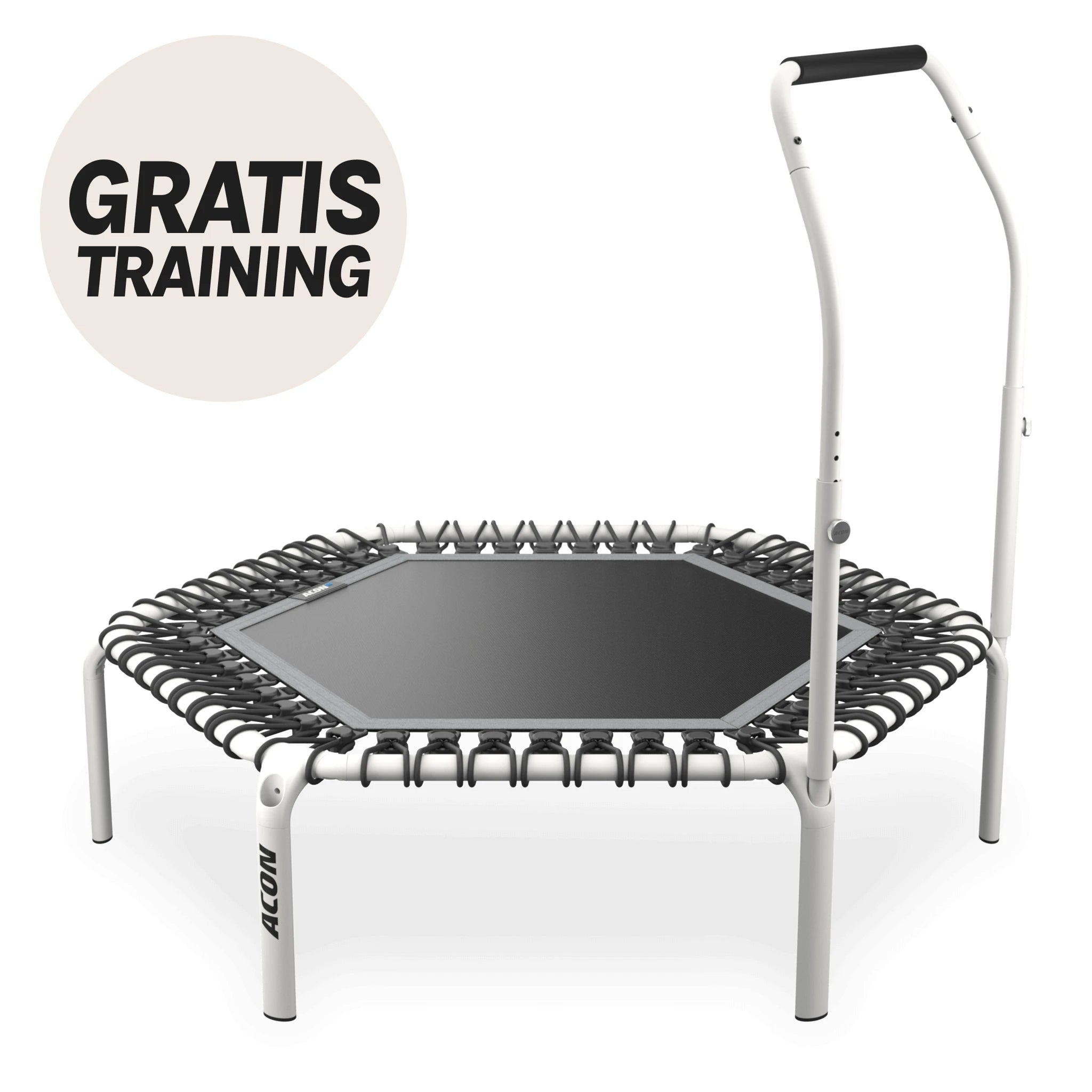 Weißes Hexagon Acon FIT-Trampolin mit Active-Griff. Beiger Kreis mit dem Text „Gratis Training“.